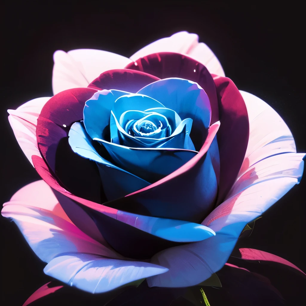 a blue rose with leaves on a black background, digital art by Lennie Lee, flickr, digital art, blue rose, rendering a blue rose, glowing blue, glowing neon flowers, red neon roses, with glowing blue lights, glowing delicate flower, neon flowers, luminous flowers, glowing flowers, black rose, dark blue neon light, rosses, ✏️🎨