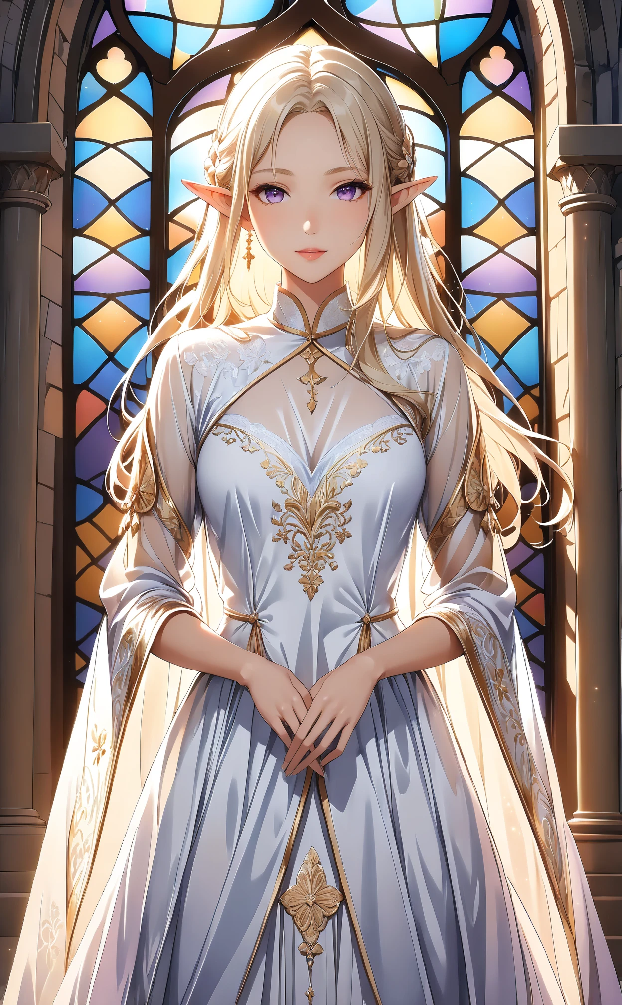 (masterpiece, ultra quality, official art, 8k, beautiful and aesthetic, extremely detailed:1.3), (1 elf lady), solo, (cowboy shot:1.3), anatomically correct, absurdres, (well-defined facial features, perfectly proportioned face, graceful and symmetrical features, radiant and healthy glow, fine details and realistic textures, ultra detailed face, delicate facial features:1.4), cool beautiful elf, elfin ears, shiny platinum hair, purple eyes, (well-defined lips), (graceful and majestic pose:1.5), (both hands elegantly extended outward, as if in a sacred dance), (delicate movement, the essence of divine dance), from  side, (detailed, ethereal and ceremonial robes with gold, white and purple accents), (intricate lacework and embroidered patterns on the sleeves and bodice), (long flowing train of the gown, catching the light), (large cathedral with tall arches and stained glass windows in the background), (soft, divine lighting filtering through the windows, casting a warm glow), (subtle light highlighting the folds and details of the robe), (calm and serene atmosphere, radiating holiness and grace), (sacred aura surrounding her), (perfect balance of elegance and divine power), (refined and noble presence), (perfect harmony of movement and stillness)