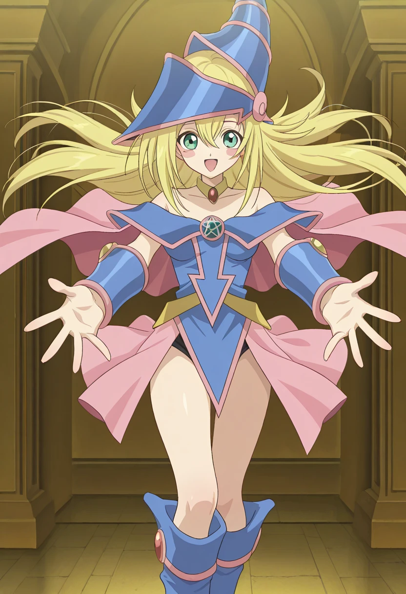 <lora:DarkMagicianGirlXLpony001>,
parted lips,
solo,
DarkMagicianGirl,1girl,blonde hair,blush stickers,green eyes,
wizard hat,
choker,
bare shoulders,cleavage,capelet,blue dress,see-through,
pink skirt,