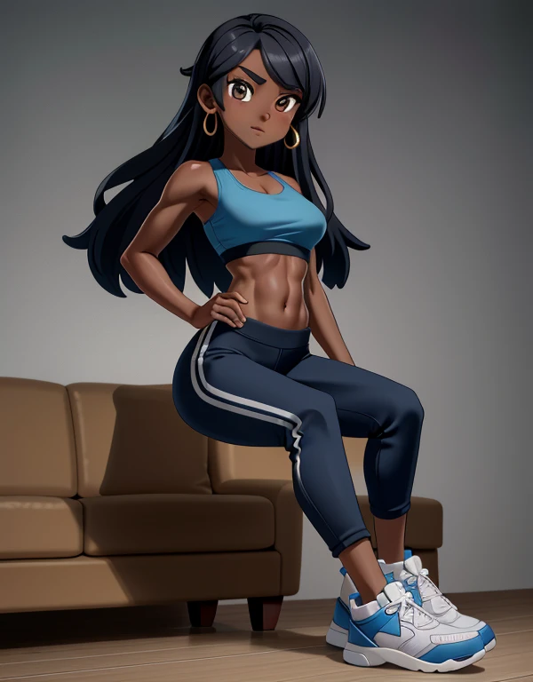 ((Masterpiece)), ((Best Quality)), (Detailed face:1.2), (Detailed eyes:1.2), (Detailed pupils:1.2), Ultra High Resolution, HDR, absurderes, 8K, intricate details, ultra-detailed, dramatic lighting, (solo, 1 girl:1.02), girl, Teenage femadark skin, (dark-skinned female:1.5), long black hair, (brown eyes:1.2), (Wearing: blue sports bra, blue yoga pants, grey jogging shoes:1.2), (Athletic figure:1.2), gorgeous girl, gorgeous body, sitting on couch, living room background, full body portrait,