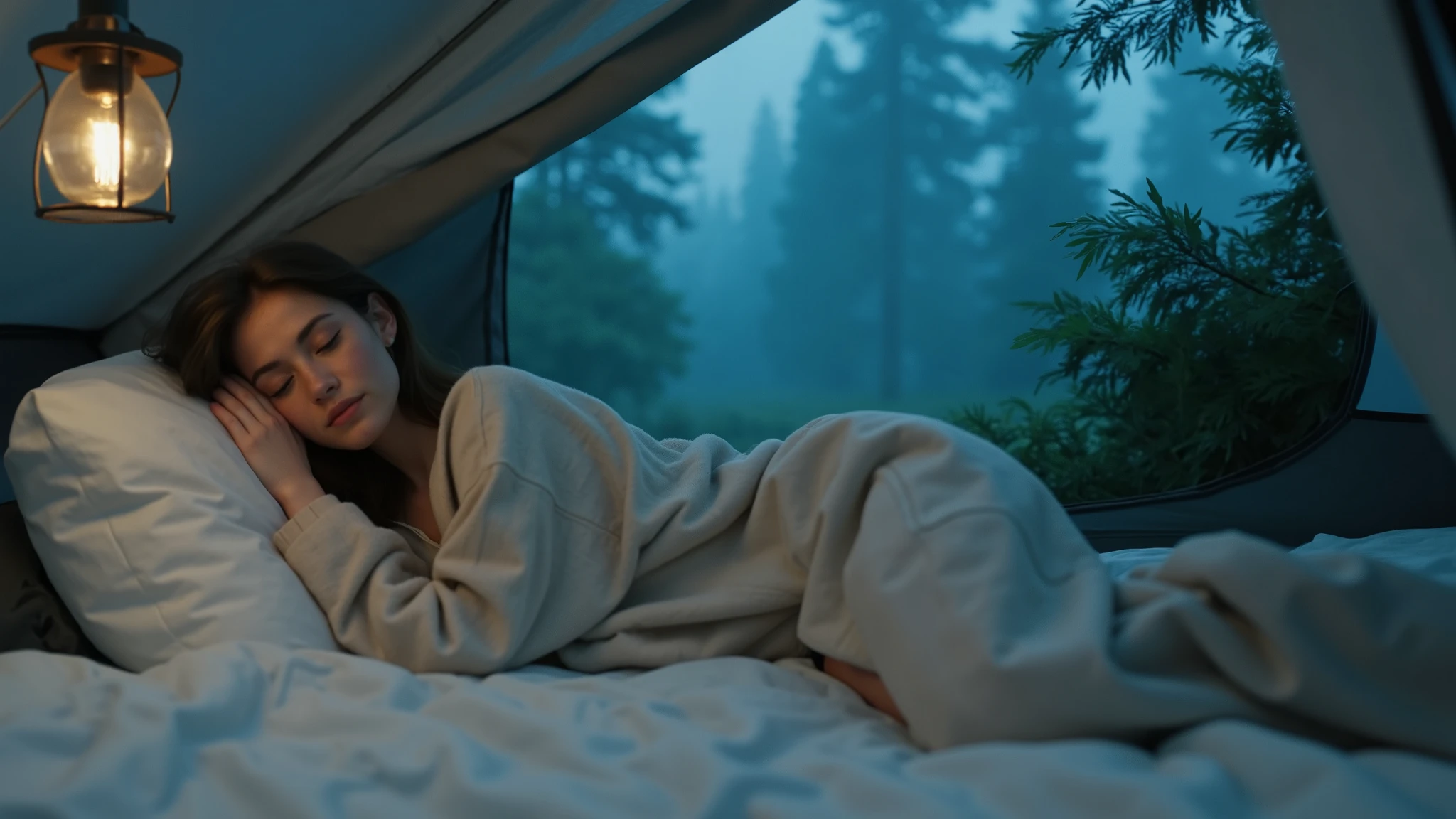 Woman in shorts and warm sweater sleeping on pillow, in tent overlooking black forest, soft warm light in tent
