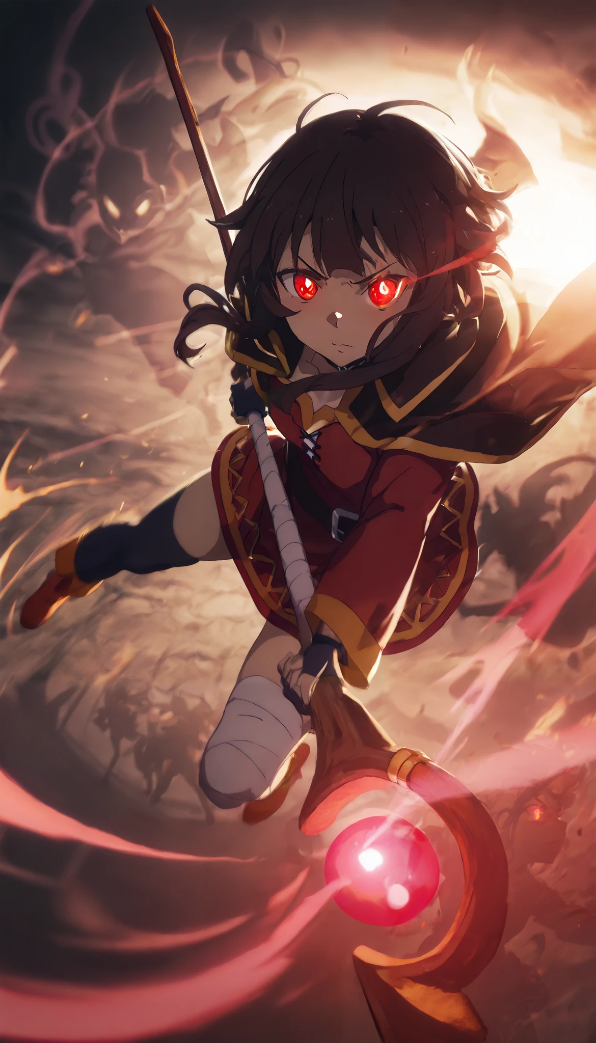 (1girl,megumin,bright red glowing eyes,eye aura trail,motion blur,dynamic pose,epic,magic,staff,silhouette,(best quality,4k,8k,highres,masterpiece:1.2),ultra-detailed,,vibrant colors,dramatic lighting,fantasy scene,ecena de accion