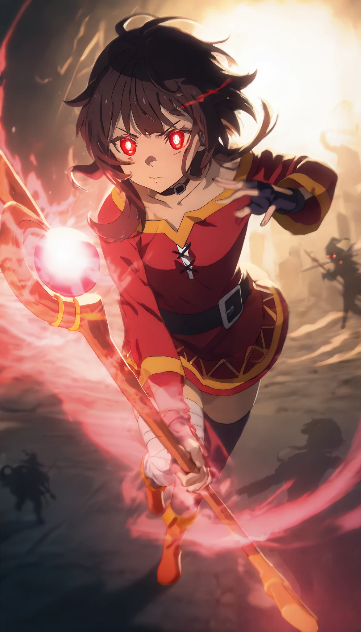 (1girl,megumin,bright red glowing eyes,eye aura trail,motion blur,dynamic pose,epic,magic,staff,silhouette,(best quality,4k,8k,highres,masterpiece:1.2),ultra-detailed,,vibrant colors,dramatic lighting,fantasy scene,luchando con las sombras,silueta