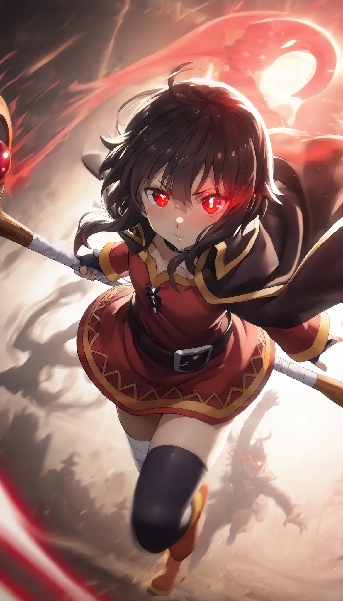(1girl,megumin,bright red glowing eyes,eye aura trail,motion blur,dynamic pose,epic,magic,staff,silhouette,(best quality,4k,8k,highres,masterpiece:1.2),ultra-detailed,,vibrant colors,dramatic lighting,fantasy scene,(maga suprema)