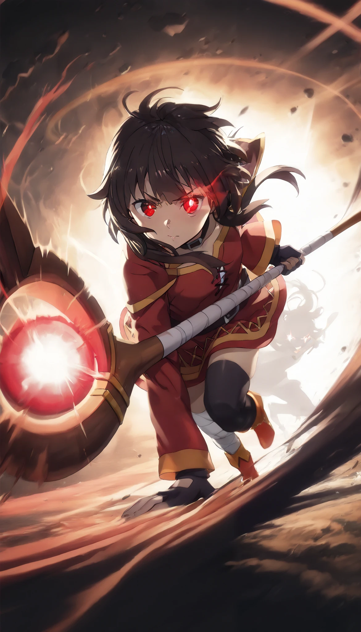 (1girl,megumin,bright red glowing eyes,eye aura trail,motion blur,dynamic pose,epic,magic,staff,silhouette,(best quality,4k,8k,highres,masterpiece:1.2),ultra-detailed,,vibrant colors,dramatic lighting,fantasy scene,(maga suprema)
