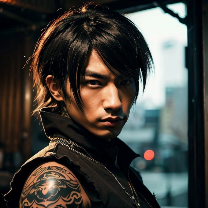 1 man, Japanese man, male, Asian eyes, muscular, broad shoulders, yakuza tattoos, hairstyle Visual Kei style, hair Visual Kei, black men's shirt and black pants, ultra detailed face, hyperrealistic, realistic representation, long hair, long hair, 30 years old, age 30 years, blonde hair