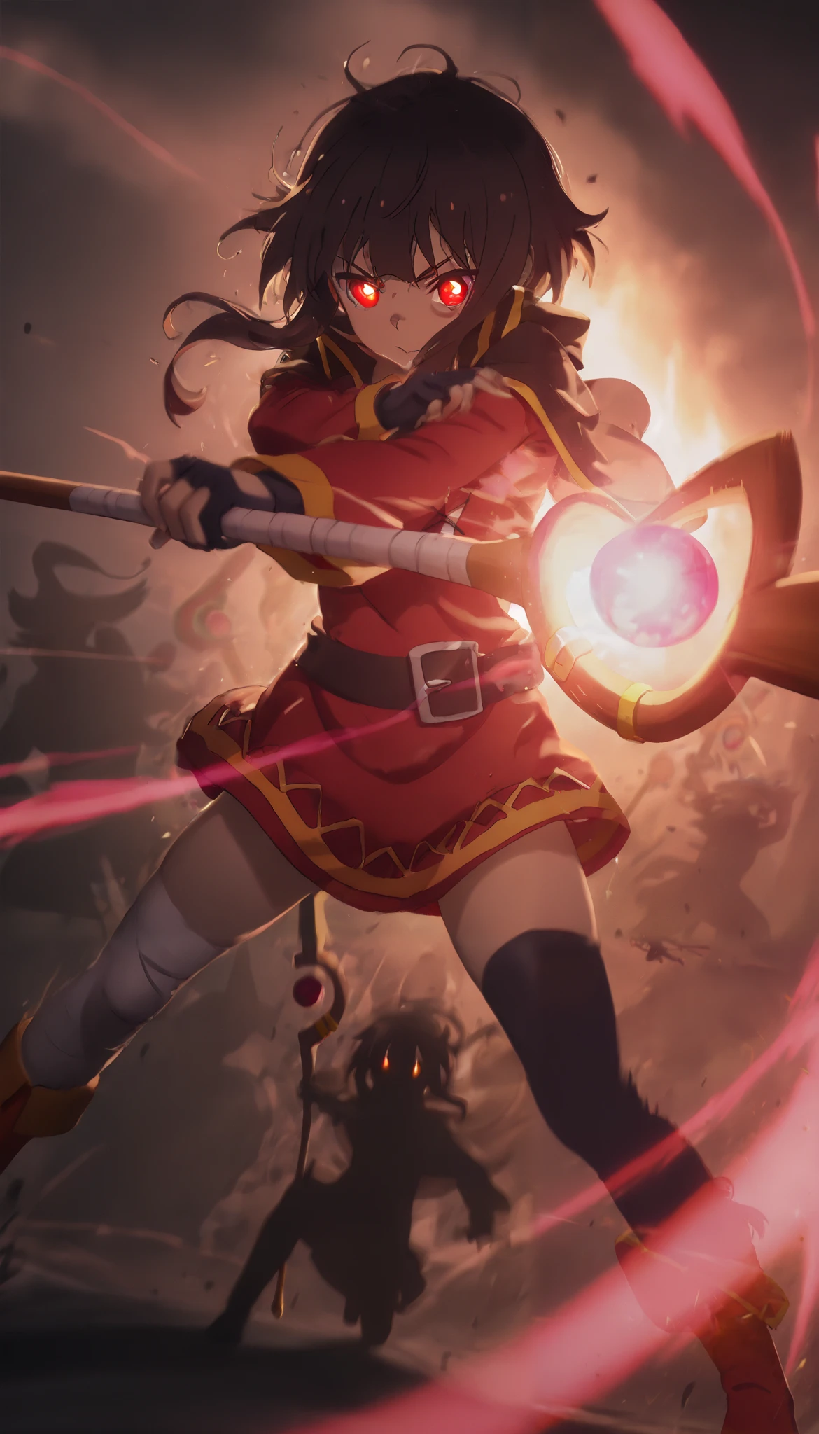 (1girl,megumin,bright red glowing eyes,eye aura trail,motion blur,dynamic pose,epic,magic,staff,silhouette,(best quality,4k,8k,highres,masterpiece:1.2),ultra-detailed,,vibrant colors,dramatic lighting,fantasy scene,ecena de accion,mini tanga
