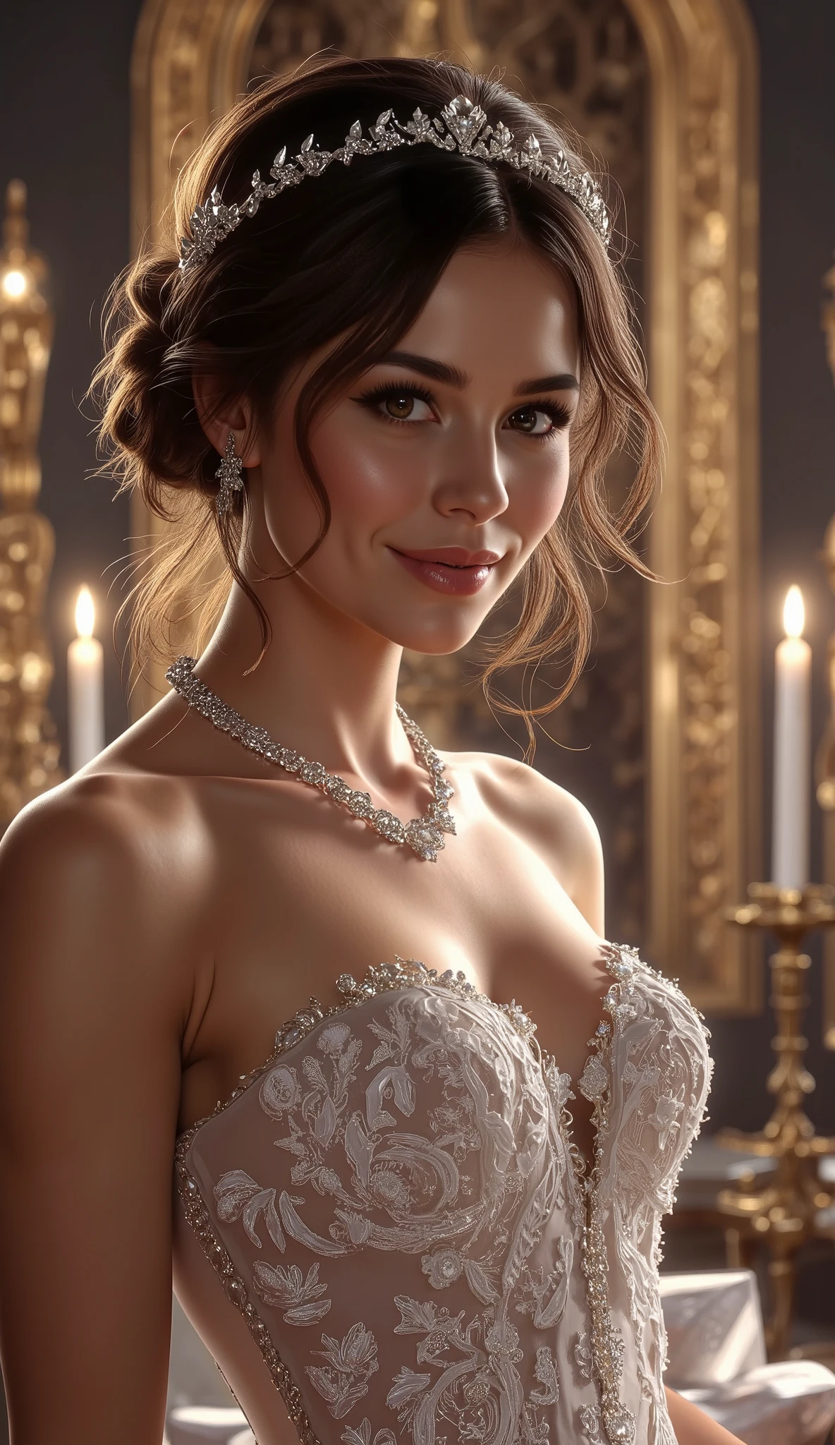 an extremely beautiful woman, highly detailed face and eyes, long lashes, elegant hairstyle, beautiful detailed lips, smiling and laughing, wonderful expression, detailed facial features, dressed in a gorgeous, fashionable outfit, high quality fabric, stylish accessories, man in the background looking dejected, gift box crushed under her heel, dramatic lighting, warm color tones, cinematic composition, intricate details, photorealistic, 8k, best quality, masterpiece