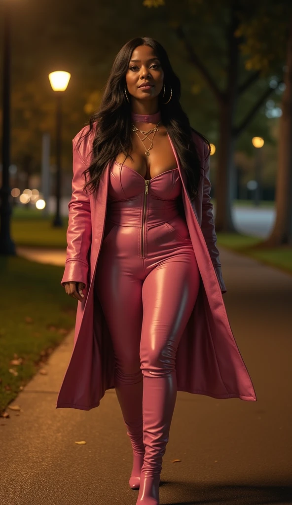 Black woman, black model, Walking in the park in a Pink mink coat with high heels on, At night with a btight moon in the background, beautiful smile, medium breast, clevage, soft pose 8k, ultra realistic, long black hair, looking at viewer, In the Winter, With light snowfall.
