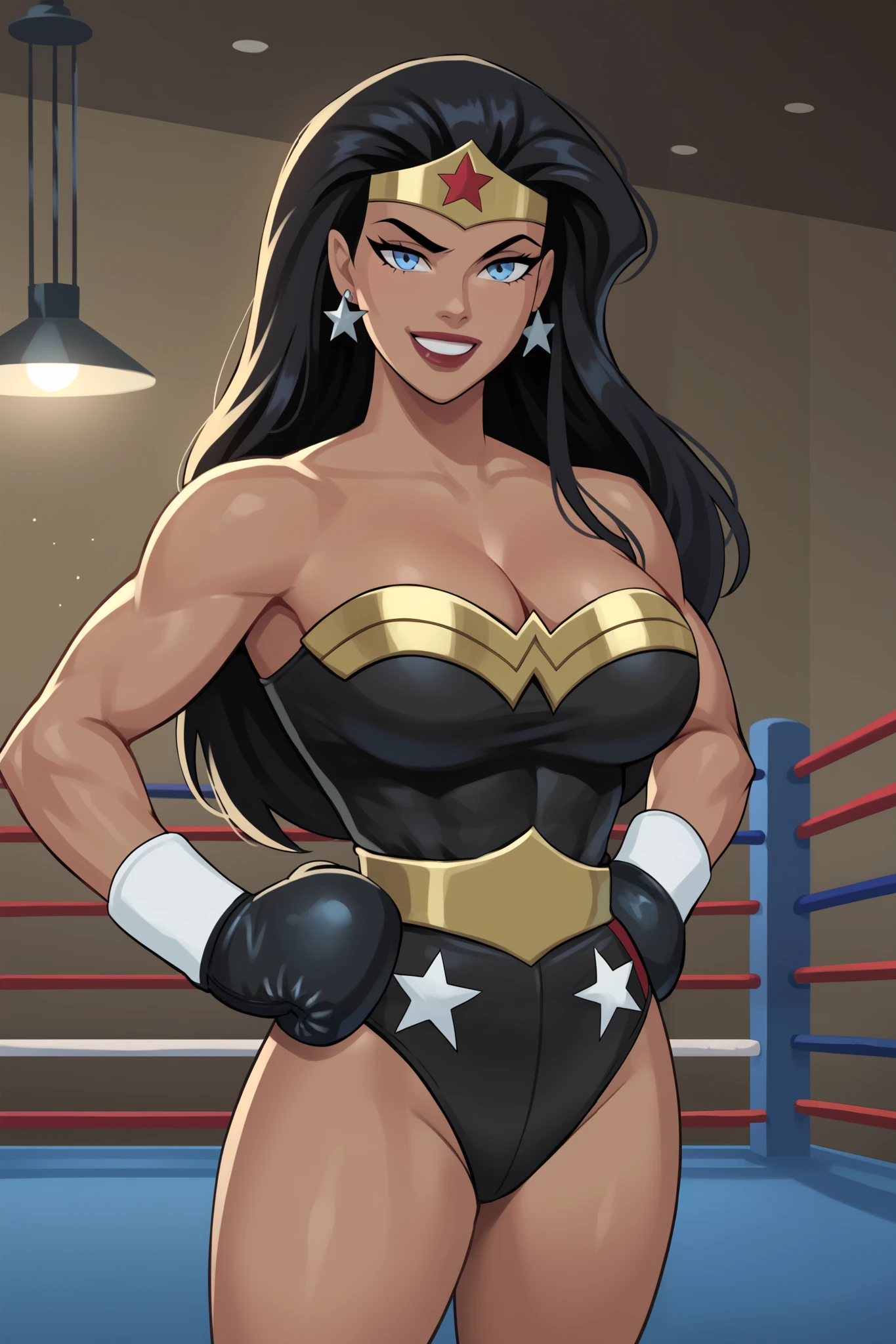 PonyXLV6_Scores BREAK ((parody), perfect anatomy, perfect eyes, cowboy shot), BREAK diana prince, long hair, black hair, blue eyes, lipstick, dark-skinned female, flirting, raised eyebrow, ((looking at viewer)), bare shoulders, cleavage, black boxing gloves, jewelry, st ar earrings, tiara, star print, large breasts, curvy, toned, athletic, boxing ring, gym, indoors, black one-piece swimsuit, muscles, smiling, hands on hips