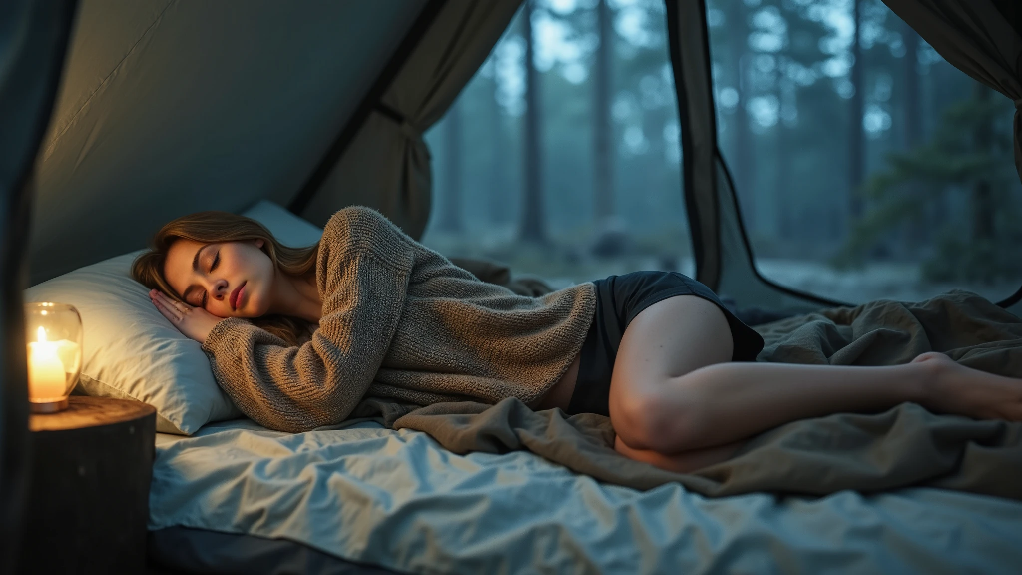 Woman in shorts and warm sweater sleeping on pillow, in tent overlooking black forest, soft warm light in tent