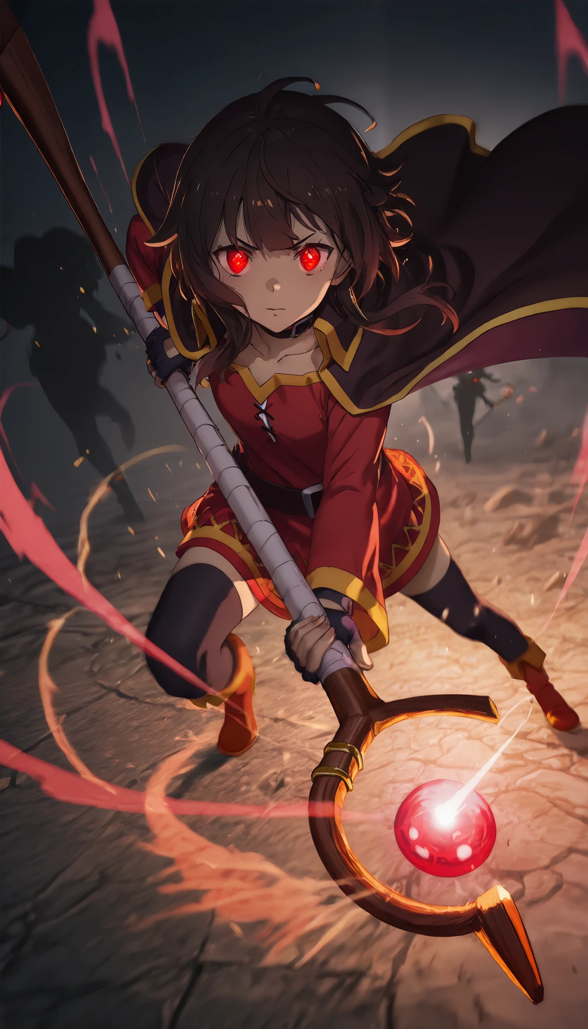 (1girl,megumin,bright red glowing eyes,eye aura trail,motion blur,dynamic pose,epic,magic,staff,silhouette,(best quality,4k,8k,highres,masterpiece:1.2),ultra-detailed,,vibrant colors,dramatic lighting,fantasy scene,(maga suprema),