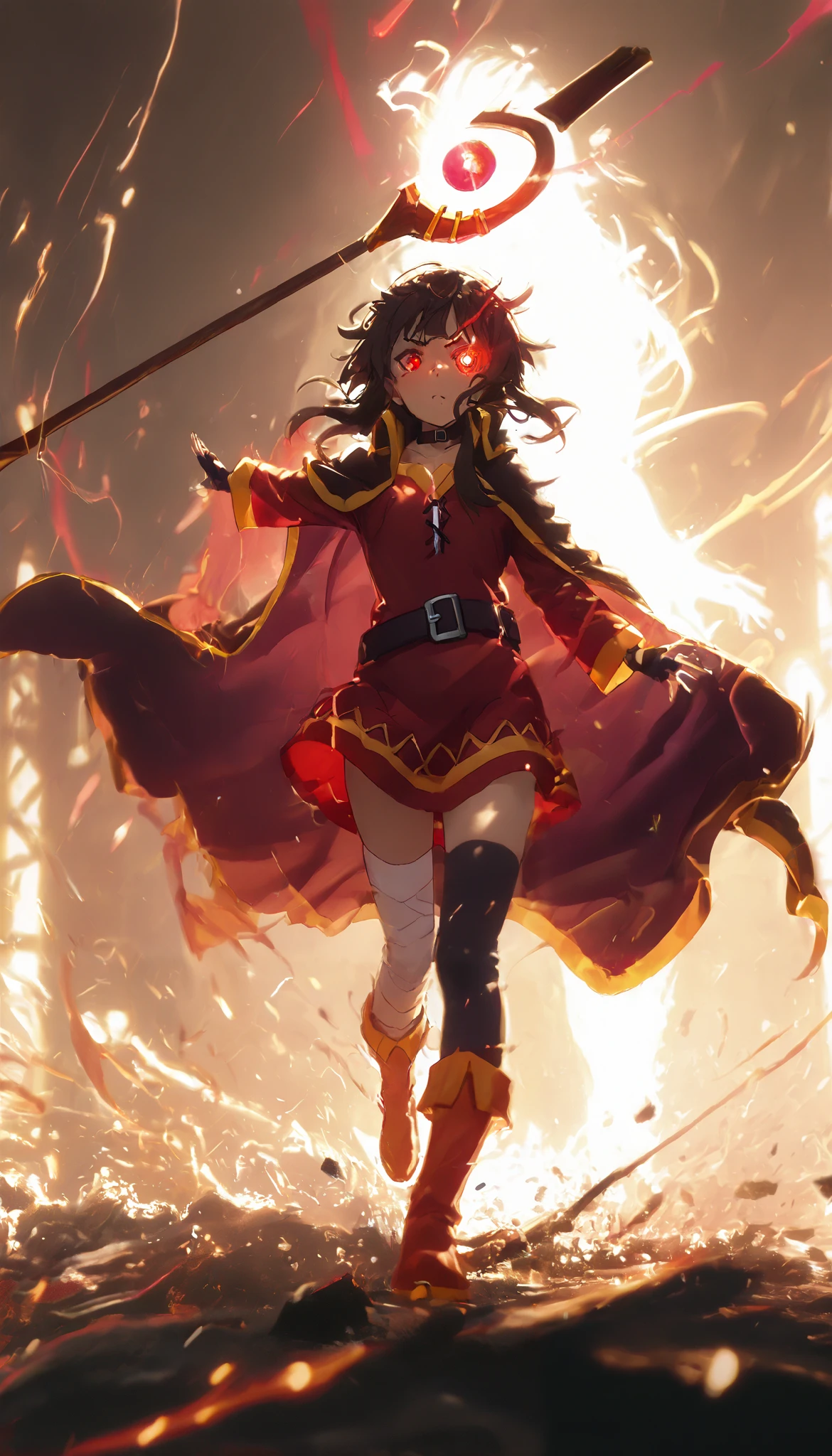 (1girl,megumin,bright red glowing eyes,eye aura trail,motion blur,dynamic pose,epic,magic,staff,silhouette,(best quality,4k,8k,highres,masterpiece:1.2),ultra-detailed,,vibrant colors,dramatic lighting,fantasy scene,(maga suprema),