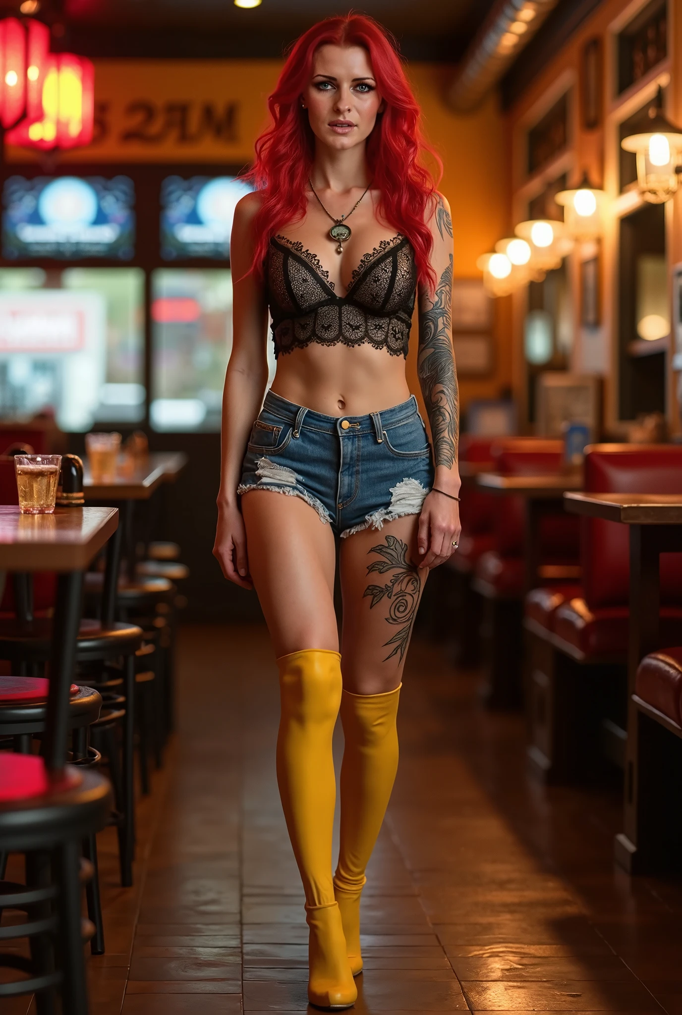 World's most beautiful woman full body, perfect, ultra realistic, super detailed, 4k, sunny day outdoors, smiling, wearing jean shorts and top, blue eyes, redhead, sexy, red lipstick, makeup, dynamic fun pose, sunglasses, earrings, watch, posing as a model, happy, cheerful, tattooed