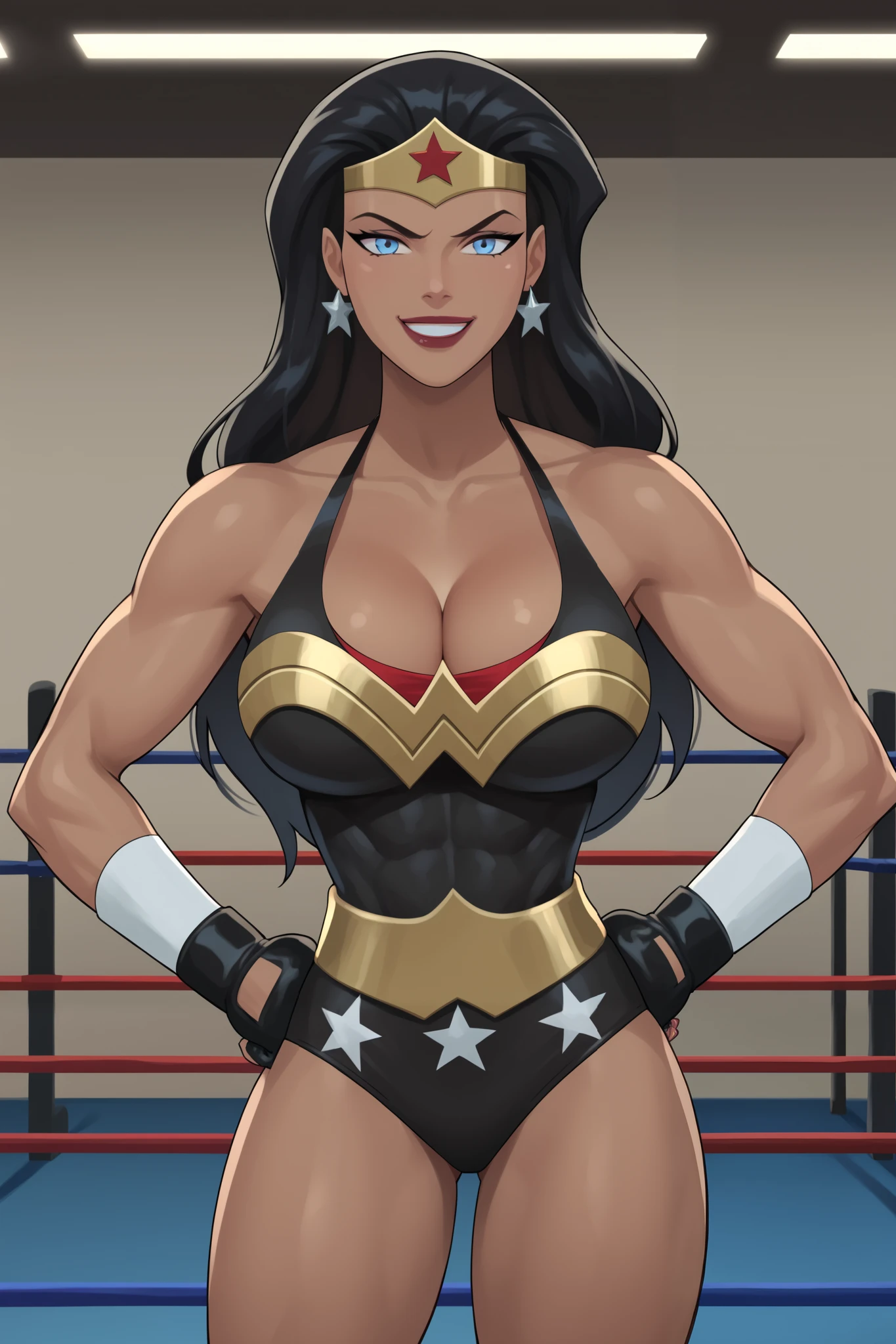 PonyXLV6_Scores BREAK ((parody), perfect anatomy, perfect eyes, cowboy shot), BREAK diana prince, long hair, black hair, blue eyes, lipstick, dark-skinned female, flirting, raised eyebrow, ((looking at viewer)), bare shoulders, cleavage, black boxing gloves, jewelry, st ar earrings, tiara, star print, large breasts, curvy, toned, athletic, boxing ring, gym, indoors, black one-piece swimsuit, muscles, smiling, hands on hips
