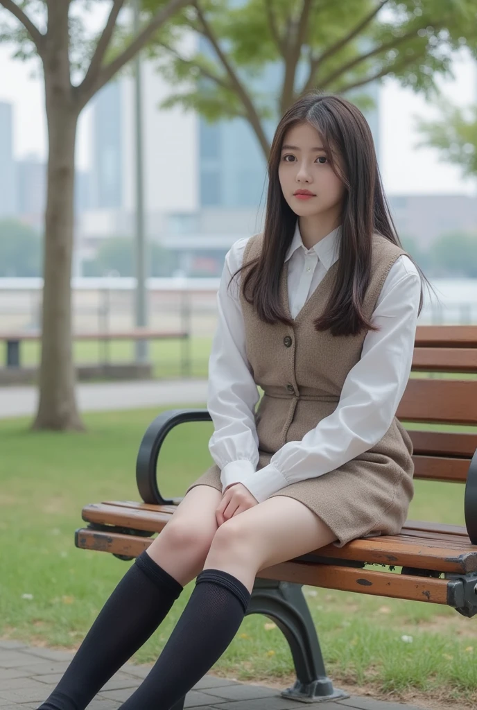Cute girl like an idol。High school students。hi-school girl。Bustling street。Crouch down。Beautiful legs。opens legs。Sit on the street。pantiy。