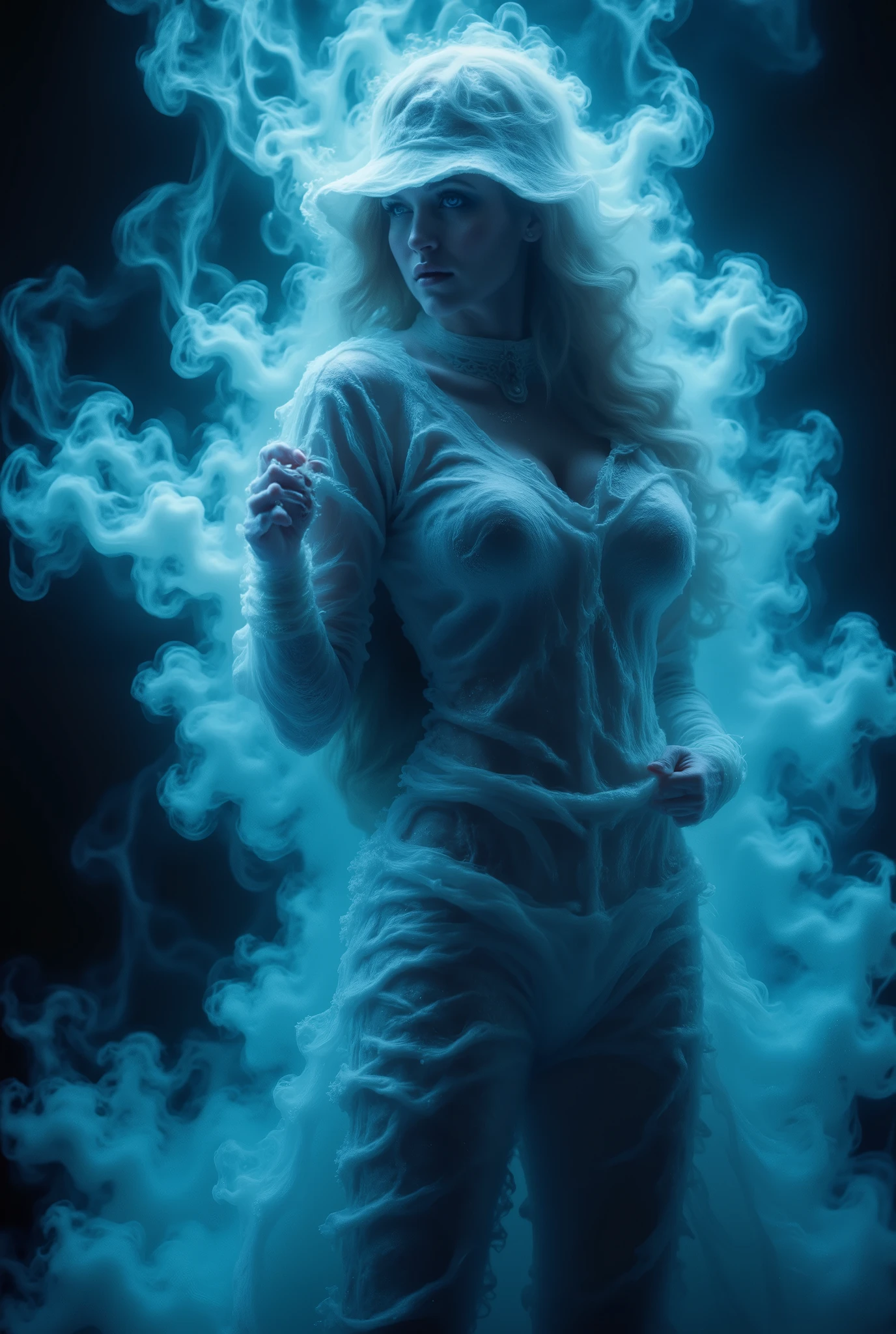 A majestic work of art, a woman, intricately detailed, with an intense, piercing gaze emanating from her singular, striking eyes, set against a backdrop of ethereal, swirling blue smoke that appears to shift and undulate as if alive, illuminated by a cinematic lighting scheme that casts dramatic, high-contrast shadows and highlights, evoking a sense of mystery and the otherworldly, with each element expertly rendered in exquisite, high-definition detail, exuding a sense of artistic mastery and visual sophistication.