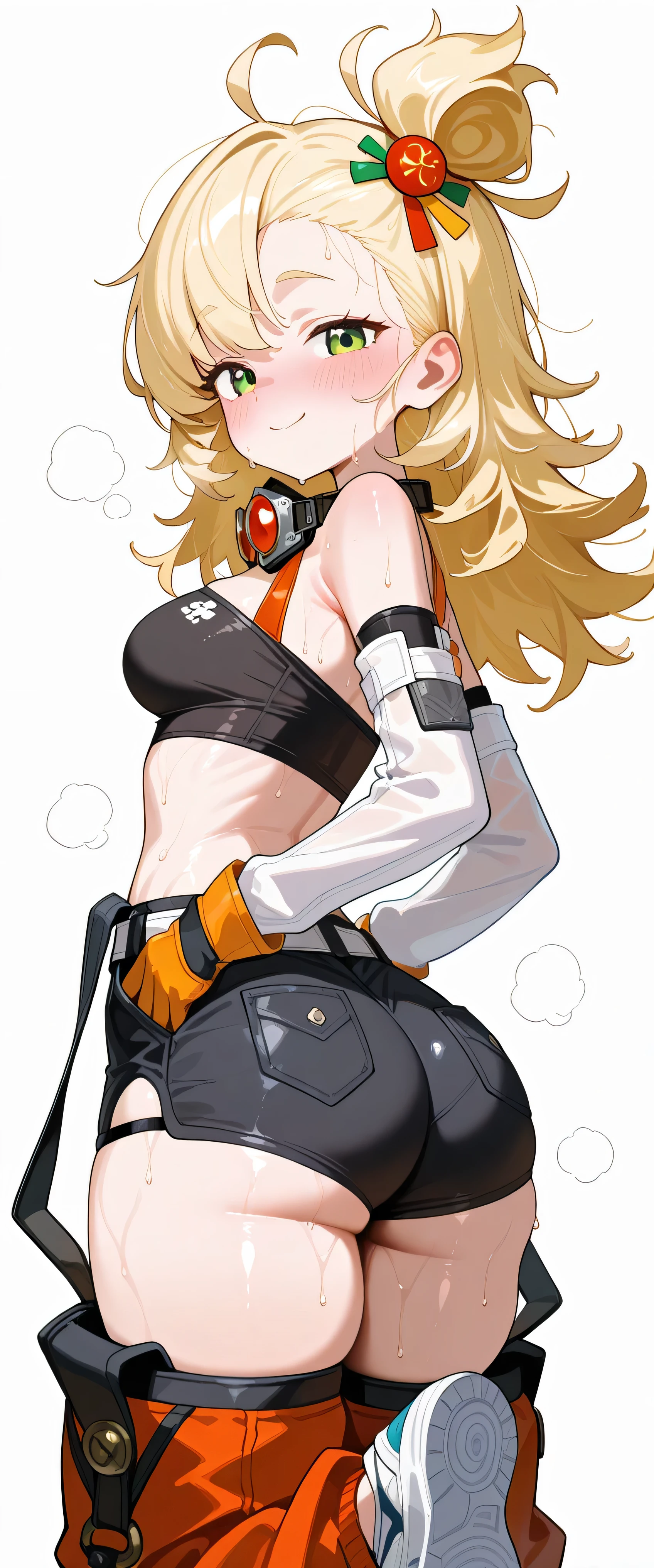1girl, solo, long hair, messy hair, blonde hair, green eyes, looking at viewer, hot, steaming, steaming body, sweat, sweating, sweaty, sweaty body, wet, wet body, dripping, dripping sweat, blushing, happy, closed mouth, smile, topknot, hair ornament, white detached sleeves, orange gloves, black tube top, Goggles Around Neck, (((black shorts with pockets))), orange chaps with straps, Detached Leggings, strap, sneakers, (((white background))), standing, dynamic pose, hands on hips, medium breasts, skinny waist, slim waist, (((round butt))), wide hips, masterpiece, best quality, amazing quality, very aesthetic, absurdres, highres, newest, view from side