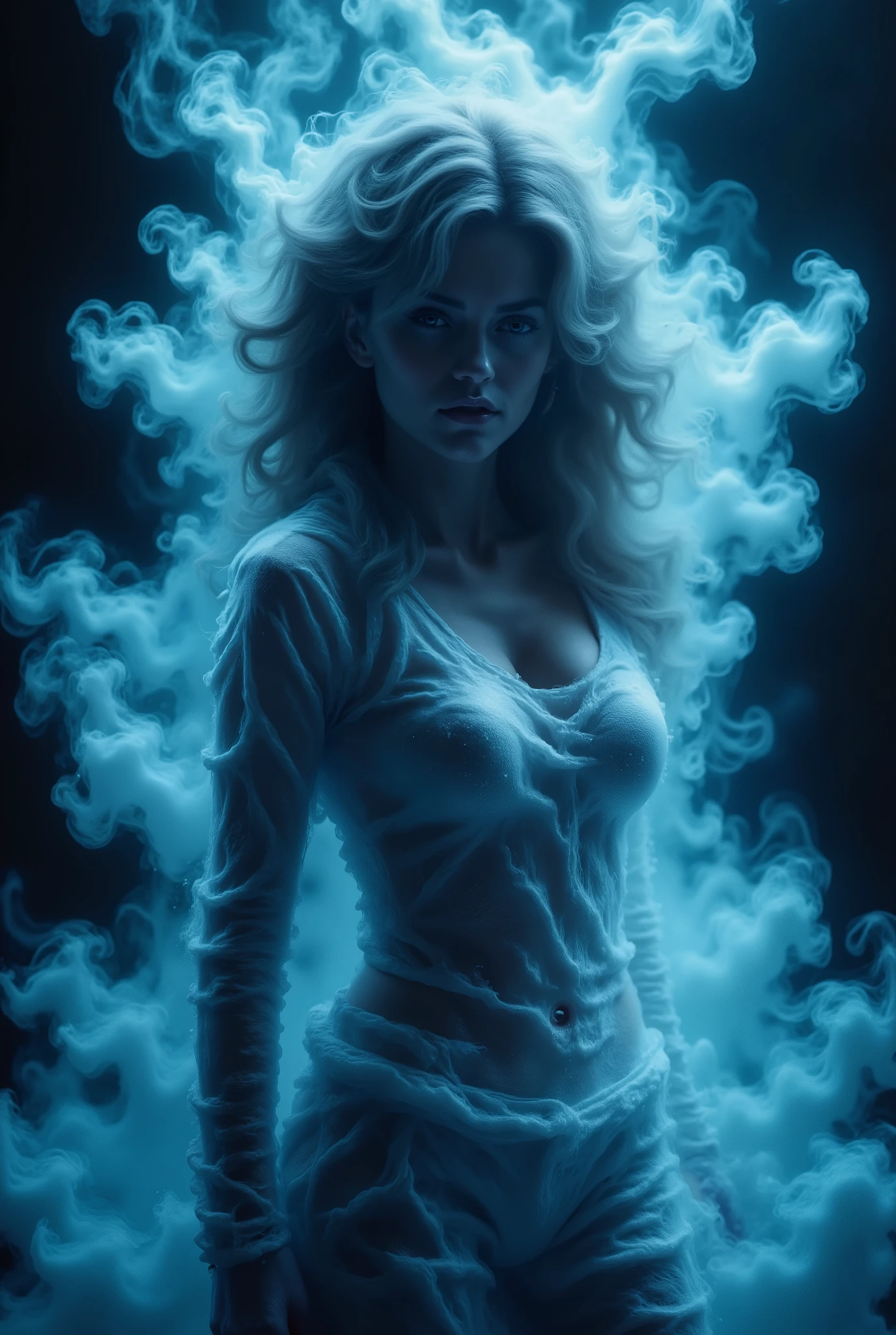 A majestic work of art, a woman, intricately detailed, with an intense, piercing gaze emanating from her singular, striking eyes, set against a backdrop of ethereal, swirling blue smoke that appears to shift and undulate as if alive, illuminated by a cinematic lighting scheme that casts dramatic, high-contrast shadows and highlights, evoking a sense of mystery and the otherworldly, with each element expertly rendered in exquisite, high-definition detail, exuding a sense of artistic mastery and visual sophistication.