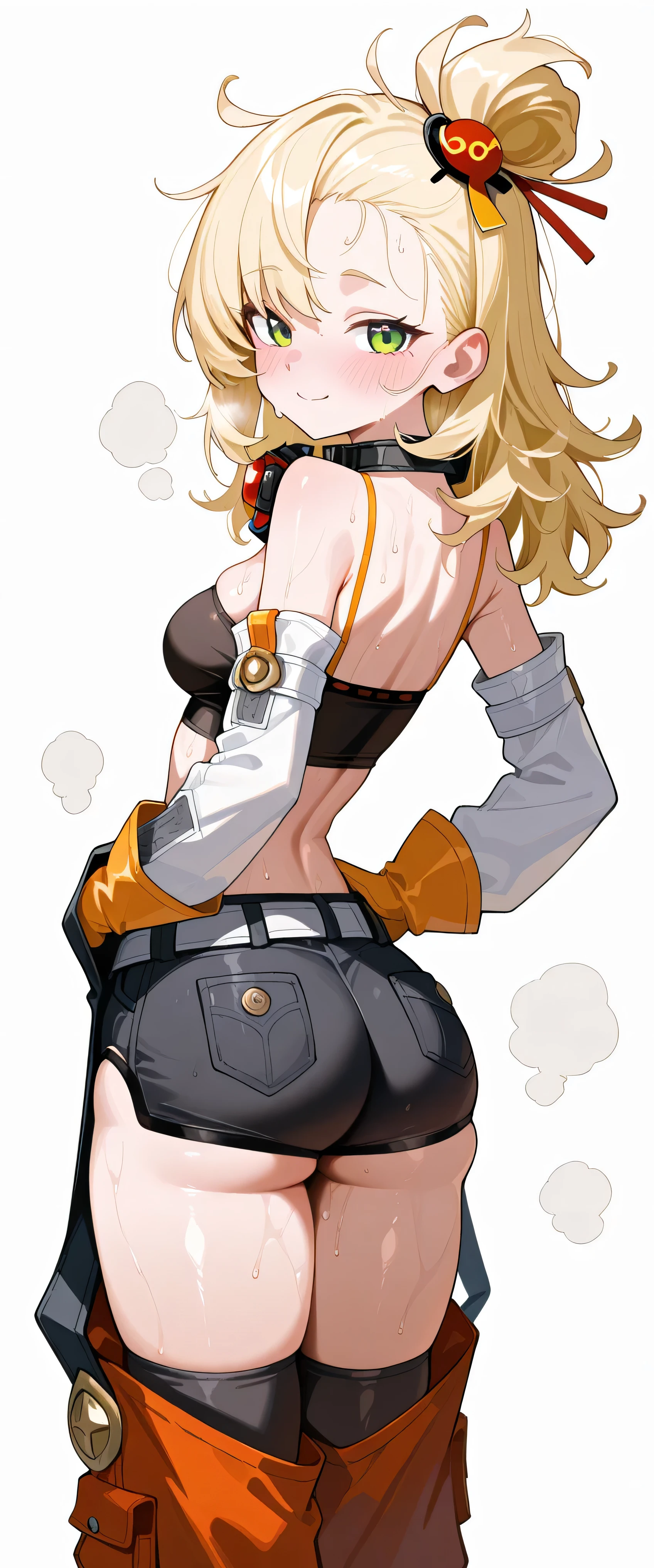 1girl, solo, long hair, messy hair, blonde hair, green eyes, looking at viewer, hot, steaming, steaming body, sweat, sweating, sweaty, sweaty body, wet, wet body, dripping, dripping sweat, blushing, happy, closed mouth, smile, topknot, hair ornament, white detached sleeves, orange gloves, black tube top, Goggles Around Neck, (((black shorts with pockets))), butt covered, orange chaps with straps, Detached Leggings, strap, sneakers, (((white background))), standing, dynamic pose, hands on hips, medium breasts, skinny waist, slim waist, (((round butt))), wide hips, masterpiece, best quality, amazing quality, very aesthetic, absurdres, highres, newest, view from side