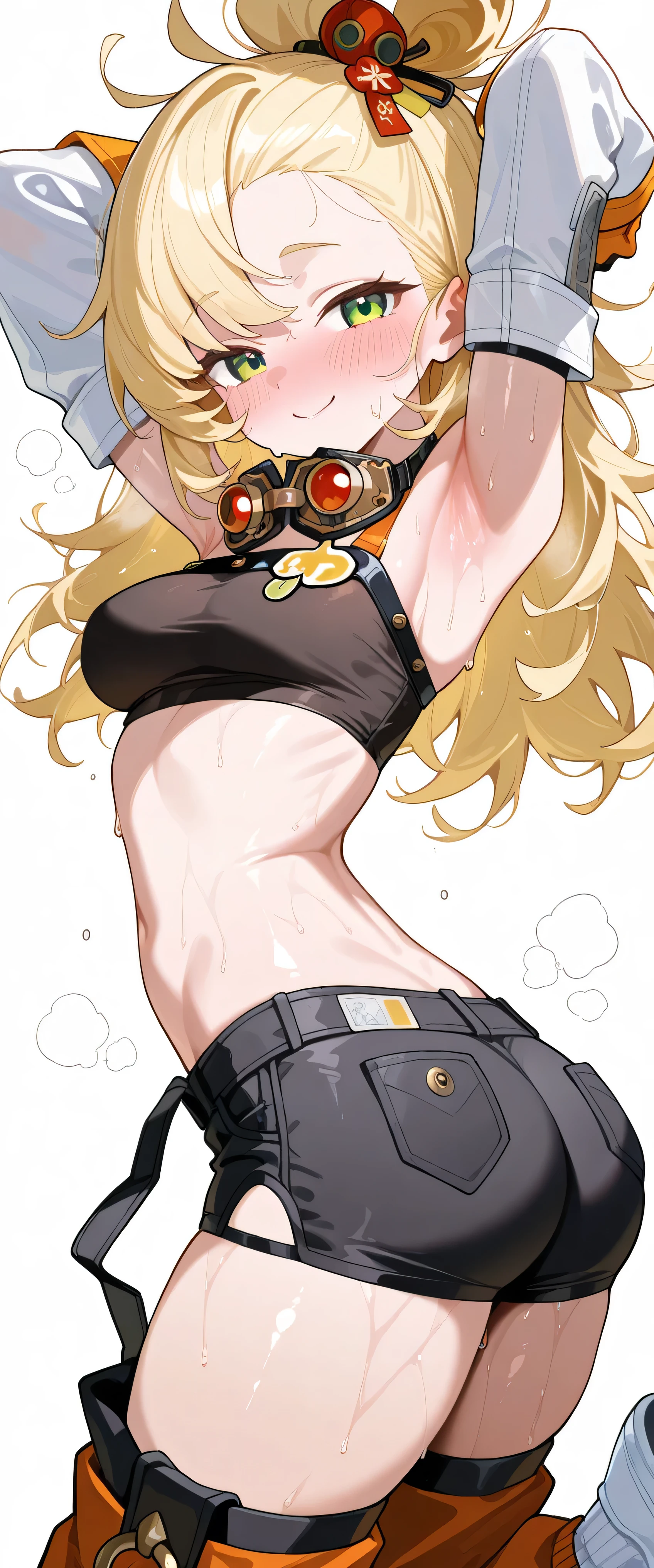 1girl, solo, long hair, messy hair, blonde hair, green eyes, looking at viewer, hot, steaming, steaming body, sweat, sweating, sweaty, sweaty body, wet, wet body, dripping, dripping sweat, blushing, happy, closed mouth, smile, topknot, hair ornament, white detached sleeves, orange gloves, black tube top, Goggles Around Neck, (((black shorts with pockets))), orange chaps with straps, Detached Leggings, strap, sneakers, (((white background))), standing, dynamic pose, arms up, armpits , medium breasts, skinny waist, slim waist, (((round butt))), wide hips, masterpiece, best quality, amazing quality, very aesthetic, absurdres, highres, newest, view from side
