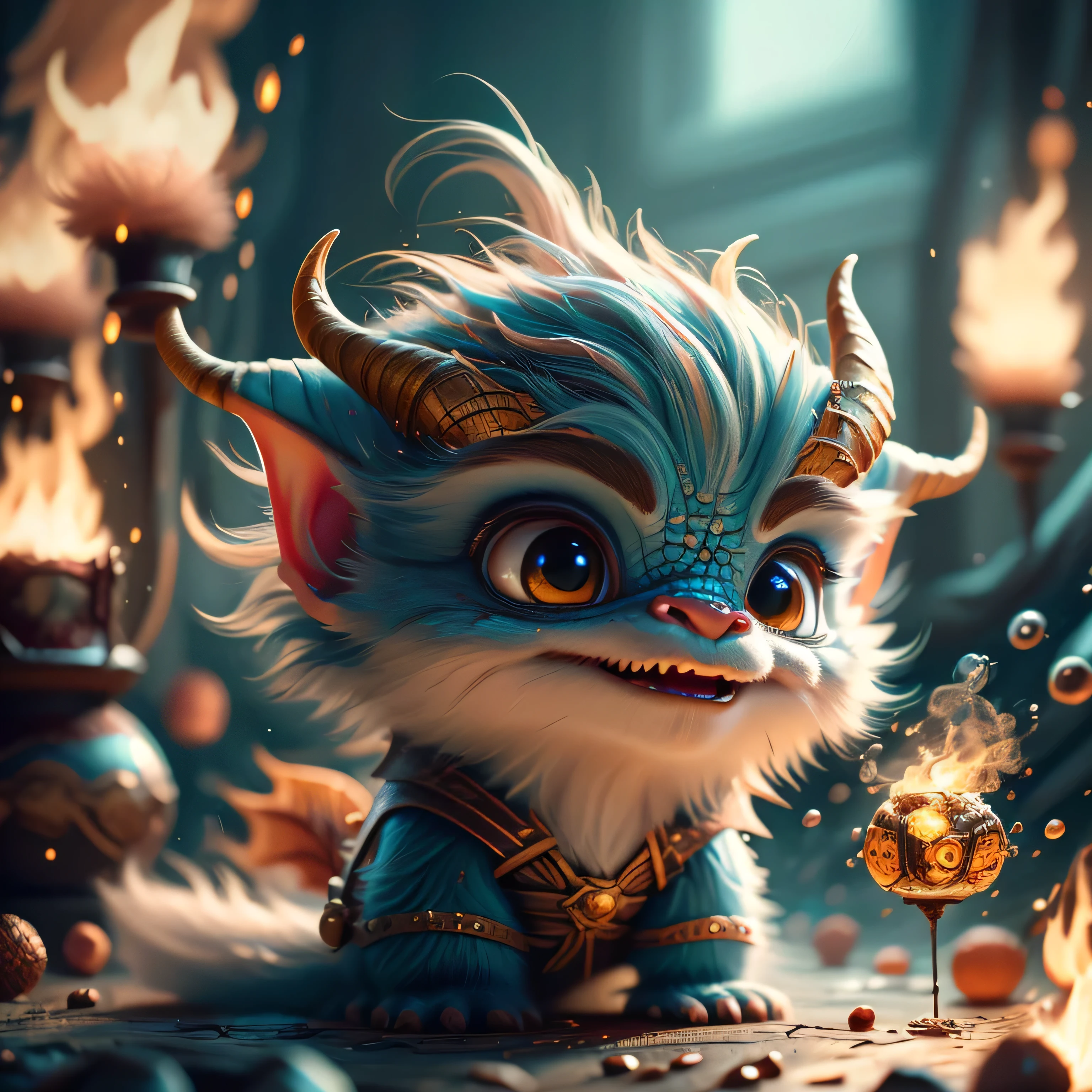 Realistic airbrush illustration, hyper-realistic acrylic airbrush illustration, a very cute little imp with horns and a tail. He is dressed in dark colors and has a mischievous and slightly sinister expression on his face. A small trident or fireball to his hands. The background dark and mysterious, with shadow and fire. Detailed fur texture, creature design by Ian McCue, Octane Rendering, Grain, Noise, Conceptual Art, Detailed Painting, Digital Illustration, Hyper-Detailed Fantasy Art, Digital 3D Art, Sharp Focus, Masterpiece, Fine Art