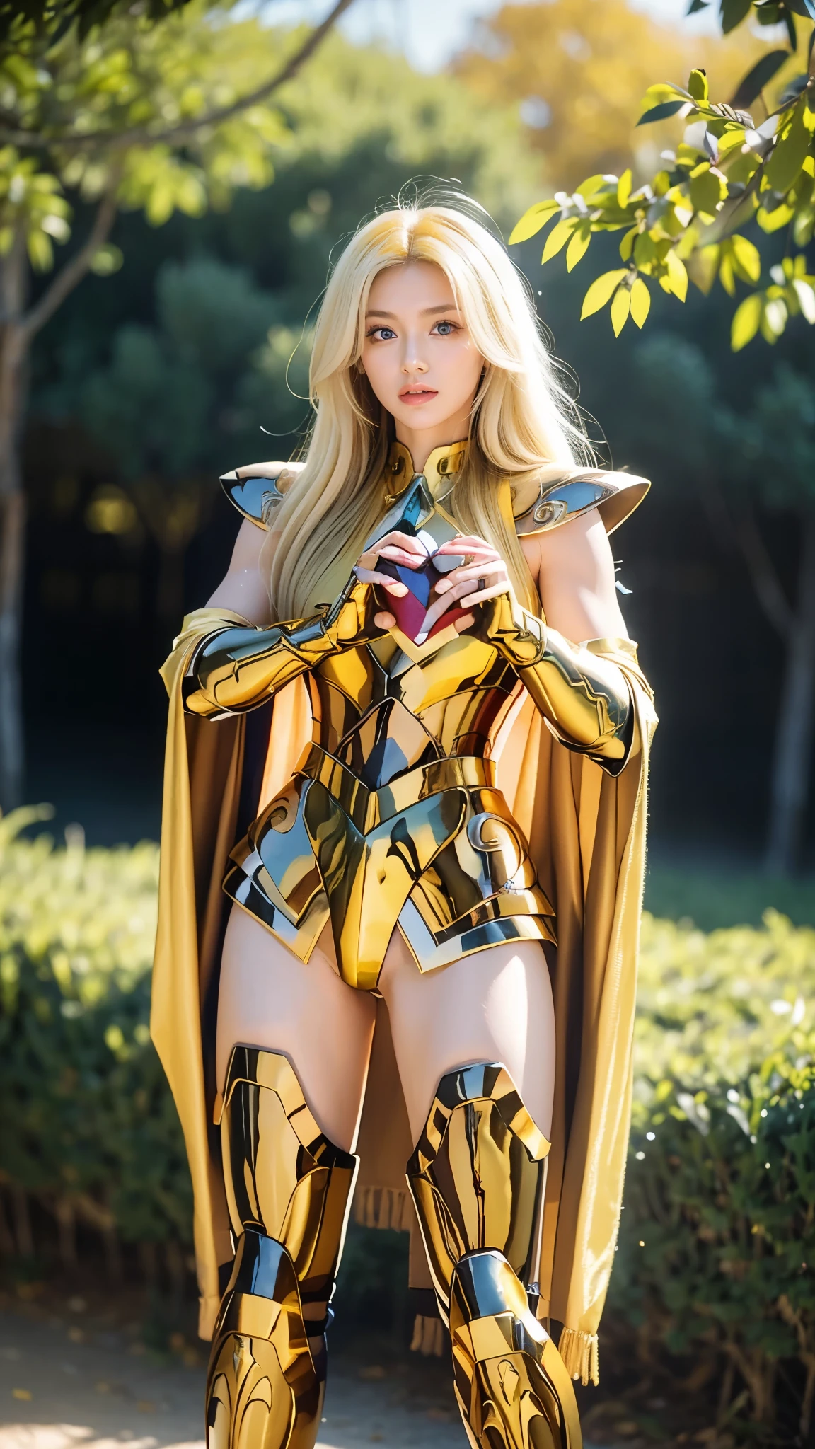AquariusArmor, shoulder armor, helmet, (masterpiece:1.0), (best quality:1.0), (ultra highres:1.0), (8k resolution:1.0), (realistic:1.0), (ultra detailed1:0), (RAW photo:1.0), HDR, photography, Kodak Portra 400, film grain, blurred background, bright colors, bokeh, lens flare, ((perfect hands)), ((perfect arms)), (perfect face), {{perfect anatomy}}, (Guido Daniele hands), wide shot, small hands, slender fingers,
Background of a forest, ((Valentine theme)), blurred background, 1 woman wearing Gold Aquarius Armor, gold armor, realistic armor, alone, messy long hair, ((yellow hair)), bright yellow eyes, thin lips, red lips, shiny lips, angry, standing upright pose, facing the camera pose, looking towards the audience, focused face, detailed face, bright colors, symmetrical eyes, visible lips, standing, (full body:1.2), realistic