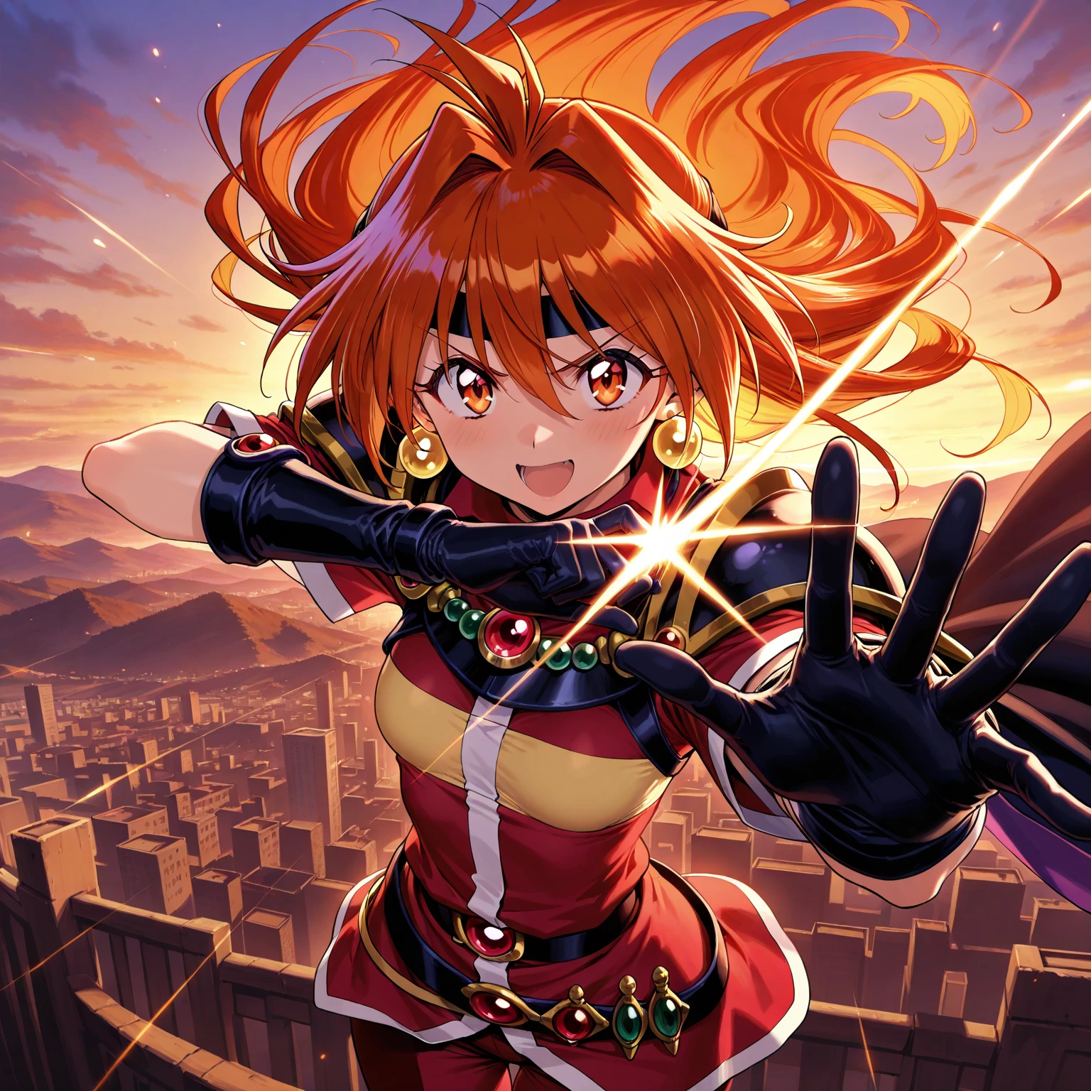 anime artwork Cinematic scene, hero view, Lina Inverse <lora:lina_inverse_xl_v1:1>, action pose, detailed background, masterpiece, best quality, high quality, absurdres . anime style, key visual, vibrant, studio anime, highly detailed