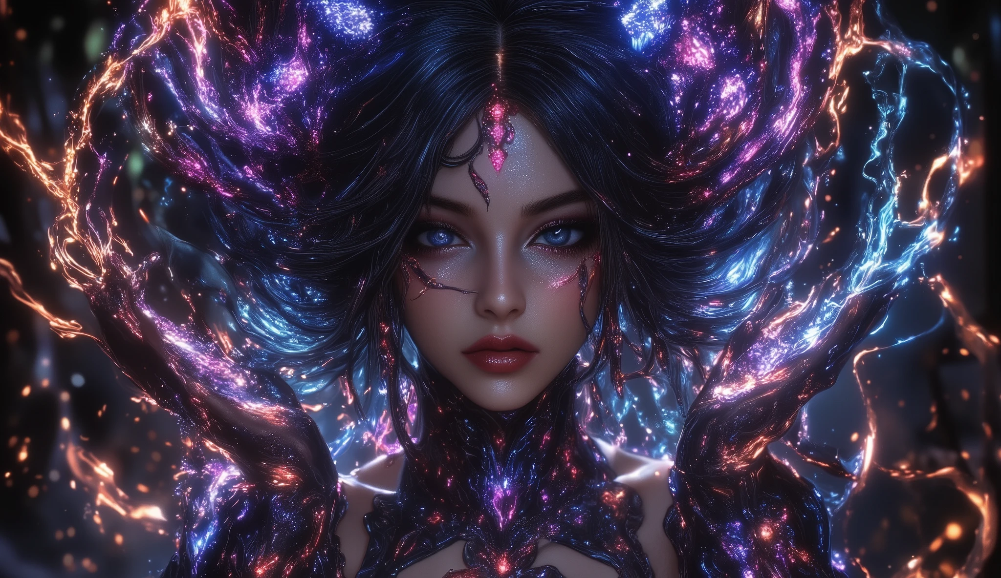 Dark Fantasy, Girl in a beautiful dark purple outfit with wavy patterns , ruby jewelry , Beautiful bright blue hair , Long curly curly hair , full body, perfect anatomy, Hands in the air creating beautiful curly leaf patterns , ancient magic , Fantasy, Fantasy, The background is mystical with a haze in shades of black and green with orange , Masterpiece fails , 8 thousand, intricate details , bright colors, best quality , Fantasy style,