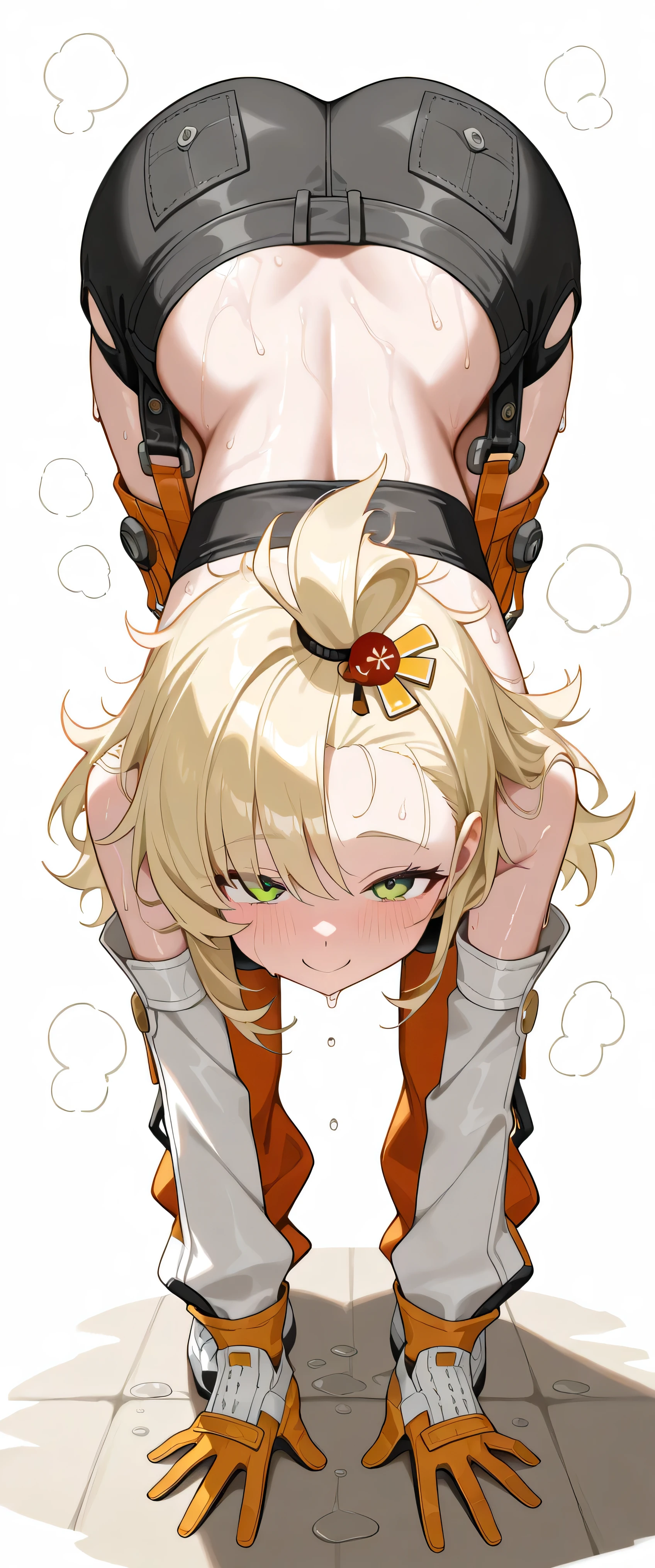 1girl, solo, long hair, messy hair, blonde hair, green eyes, looking at viewer, hot, steaming, steaming body, sweat, sweating, sweaty, sweaty body, wet, wet body, dripping, dripping sweat, blushing, happy, closed mouth, smile, topknot, hair ornament, white detached sleeves, orange gloves, black tube top, Goggles Around Neck, (((black shorts with pockets))), orange chaps with straps, Detached Leggings, strap, sneakers, (((white background))), standing, (((bent over))), dynamic pose, (((hands on floor))) , medium breasts, skinny waist, slim waist, (((round butt))), wide hips, masterpiece, best quality, amazing quality, very aesthetic, absurdres, highres, newest, (((view from behind))) 