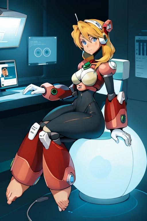 masterpiece, best quality, highres, 1girl, alia_megamanx, blue eyes, blonde hair, android, long hair, robot ears, (white gloves:1.3), black bodysuit, large breasts, thick thighs, blush, smile, machinery, science fiction, monitor, indoors, cowboy shot, <lora:Alia_Mega_Man_X_V:0.8> <lora:tony_taka:0.6> <lora:saitomV2:0.4>
