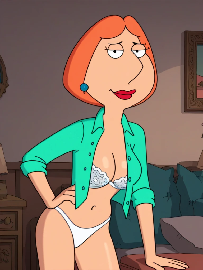 score_9_up,score_8_up,score_6,score_5,score_4,lois, dot pupils, 1girl, blue earrings, jewelry, short hair, solo, lipstick, makeup, orange hair, open aqua shirt, lace orange bra, beige pants, breasts, flat color, smile,looking at viewer, hand on own hip, sitting on sofa spread legs, cameltoe, legs up, toon \(style\), wet pussy,