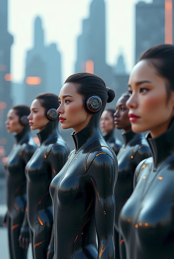 a group of lovely females (varied height and weight tending towards busty and full hips but athletic overall tone, varied races between Asian, Desi, Hindi, and Caucasian ) wearing scifi metallic swimsuits, extremely detailed and realistic,many women, beautiful detailed eyes, beautiful detailed lips, extremely detailed face, long eyelashes, detailed female body, sultry dance, metallic shiny swimsuit, tending to alien patrons in a star wars cantina (all manner of aliens are seated at tables eating bizarre foods and exotic drinks) , high quality, photorealistic, 8k, vivid colors, professional lighting, digital painting