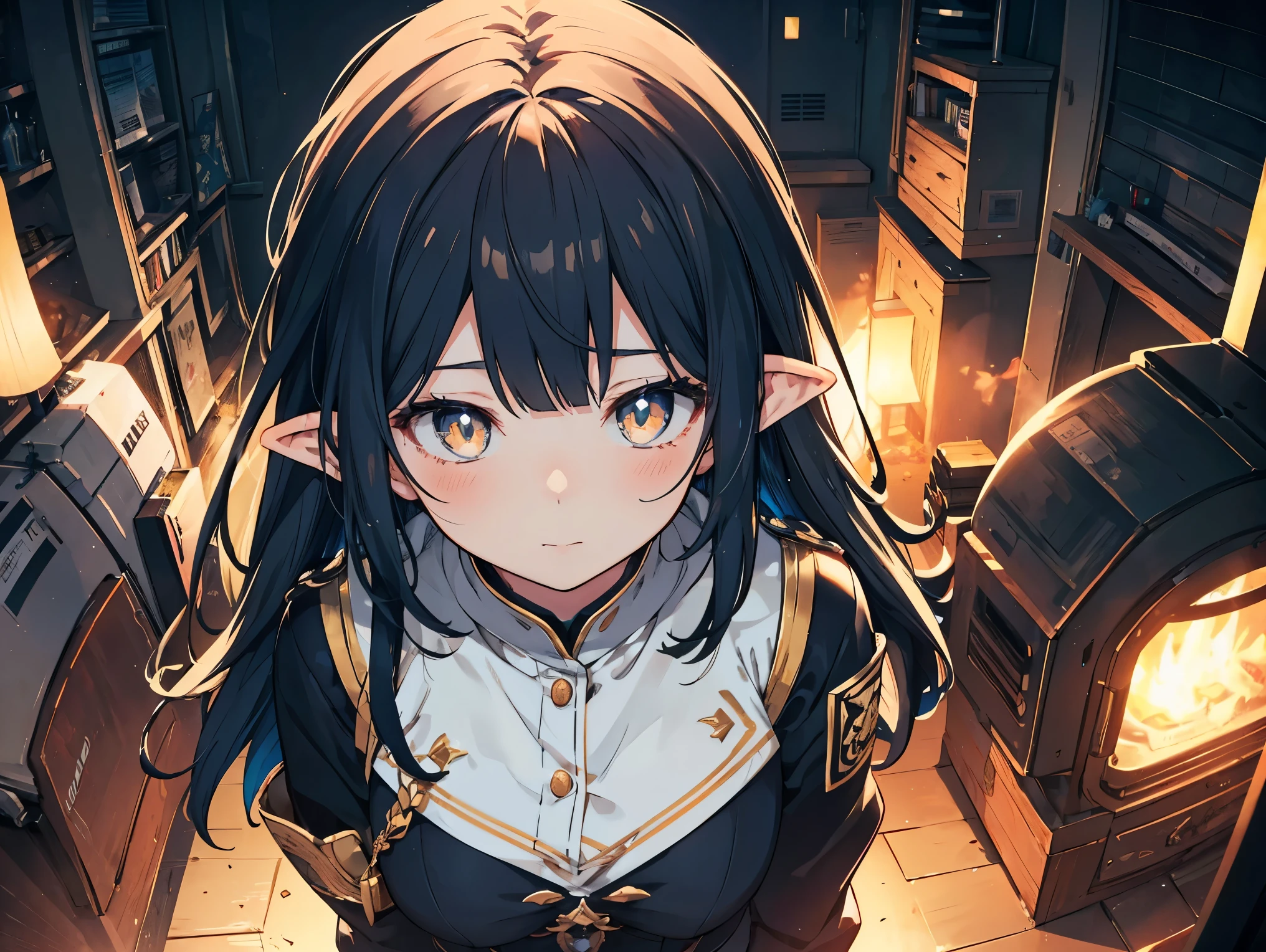 Anime girl with long black hair and blue eyes standing in a room ...