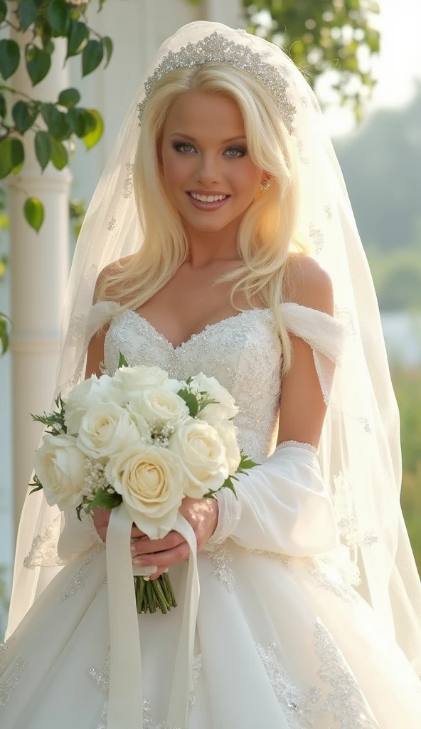 "Um casamento de conto de fadas com a Barby: um vestido de noiva deslumbrante (vestido de casamento:1.2), cabelo loiro longo (loira de cabelos longos), flawless makeup, rosto perfeito, corpo perfeito,local dos sonhos (Paradisiacal beach), stunning sunset (amazing sunset), romantic decoration (romantic decoration:1.1), bouquet of fresh flowers, felicidade pura (felicidade:1.2), todos os amigos e familiares reunidos (gathering of friends and family), amor verdadeiro. " --auto