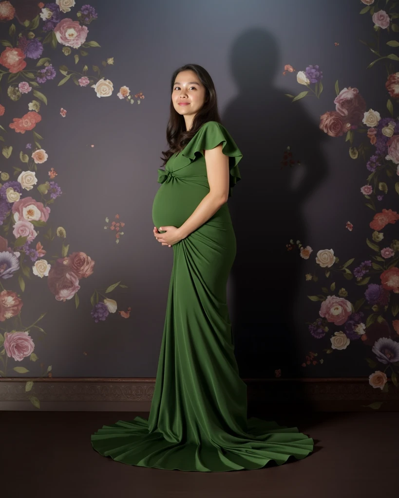 pregnant woman in green dress standing in front of a flower garden, a colorized photo inspired by Kim Du-ryang, shutterstock contest winner, conceptual art, draped in fleshy green and pink, maternal photography 4 k, full body portrait shot, full body photograph, green and pink, full body photoshoot, full body wide shot, full body portrait, award winning studio photo