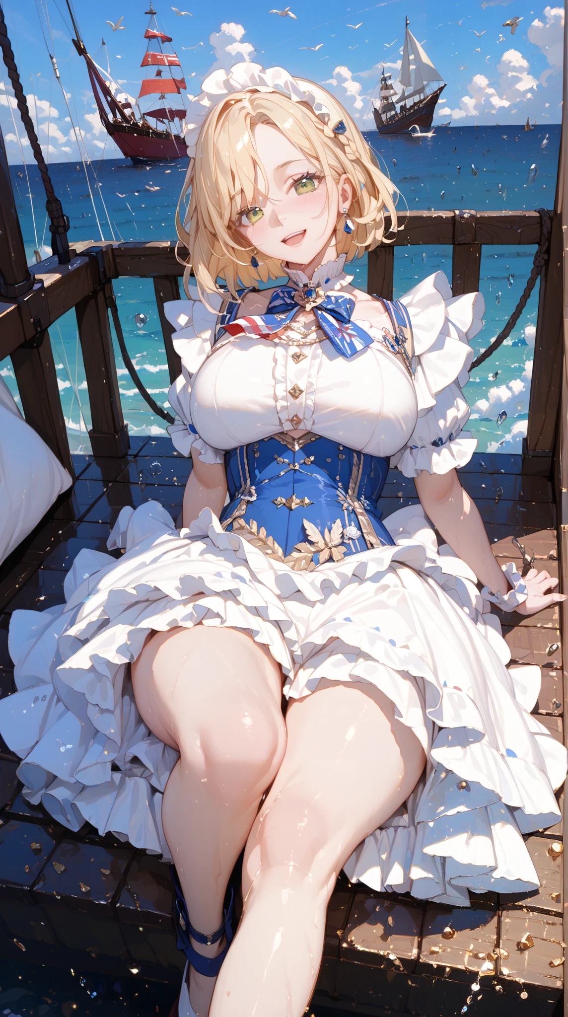 Russian girl with big breasts, big eyes, makeup, narrow waist, wide hips, traditional Russian clothing, sexy, wheat field, lying, relaxed pose, Dutch angle, low angle, open hips