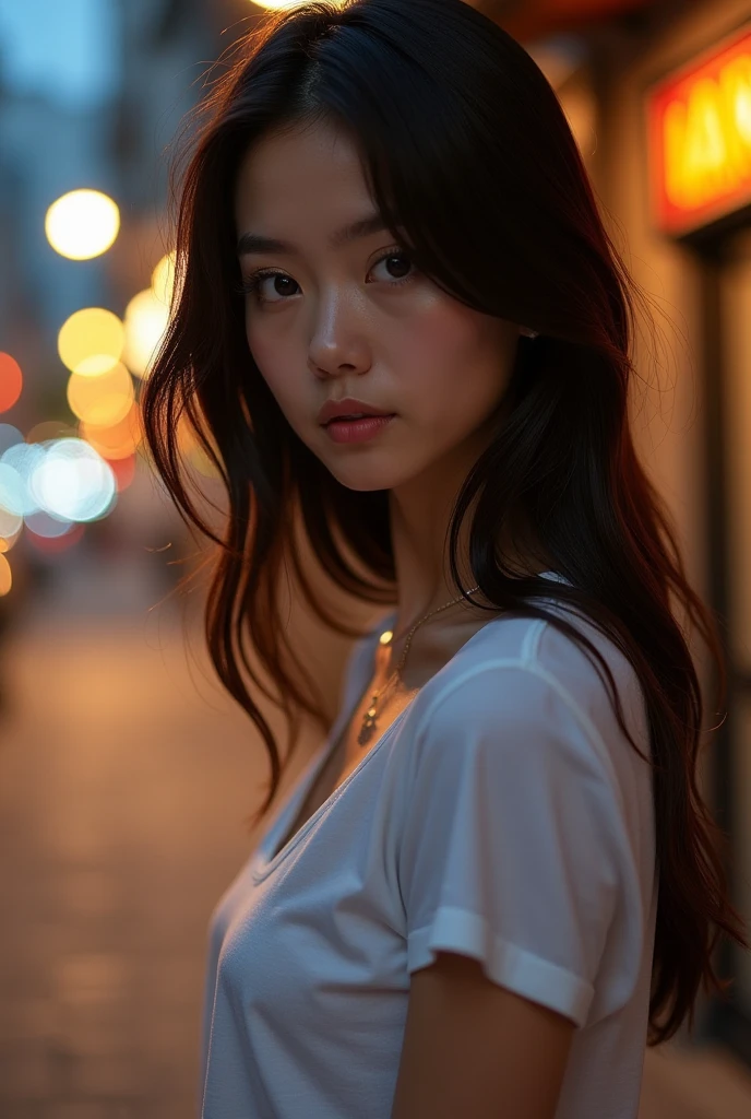 2 girl, beautiful, wavy hair, almond eyes, no make up, white sweatshirt, oversize_shirt, sweatpants, in front of fence, night city, cyberpunk vibes, close up, (photorealistic:1.2), (ultra realistic:1.3), (very detailed:1.1), ((masterpiece)),