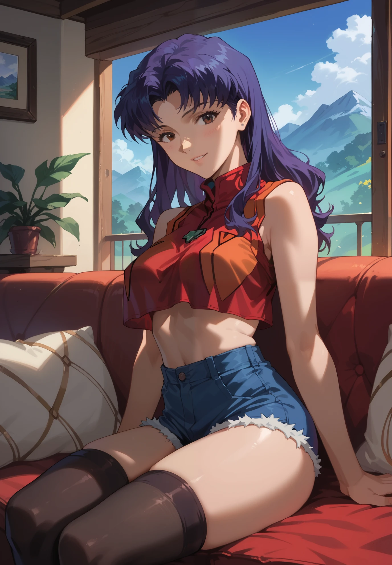 1girl, Misato Katsuragi, Neon Genesis Evangelion, sitting on a couch, crop top, silk shorts, thigh highs, sexy pose, lustful, BREAK, night time, mountain cottage, cinematic lighting,