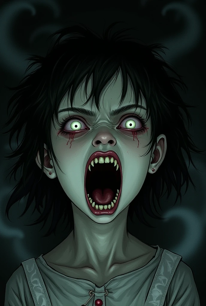 score_9, score_8_up, score_7_up, score_6_up,Madness,1girl,solo,looking at viewer,open mouth,bangs,yellow eyes,sharp teeth,tears,eyelashes,glowing,heterochromia,portrait,light particles,close-up,eye focus , yandere , crazy laugh , scary laugh