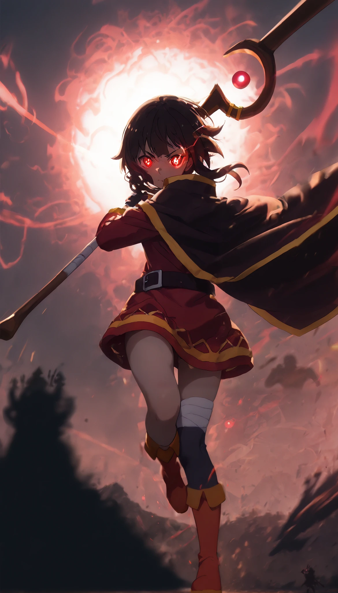 (1girl,megumin,bright red glowing eyes,eye aura trail,motion blur,dynamic pose,epic,magic,staff,silhouette,(best quality,4k,8k,highres,masterpiece:1.2),ultra-detailed,,vibrant colors,dramatic lighting,fantasy scene,(maga suprema),
