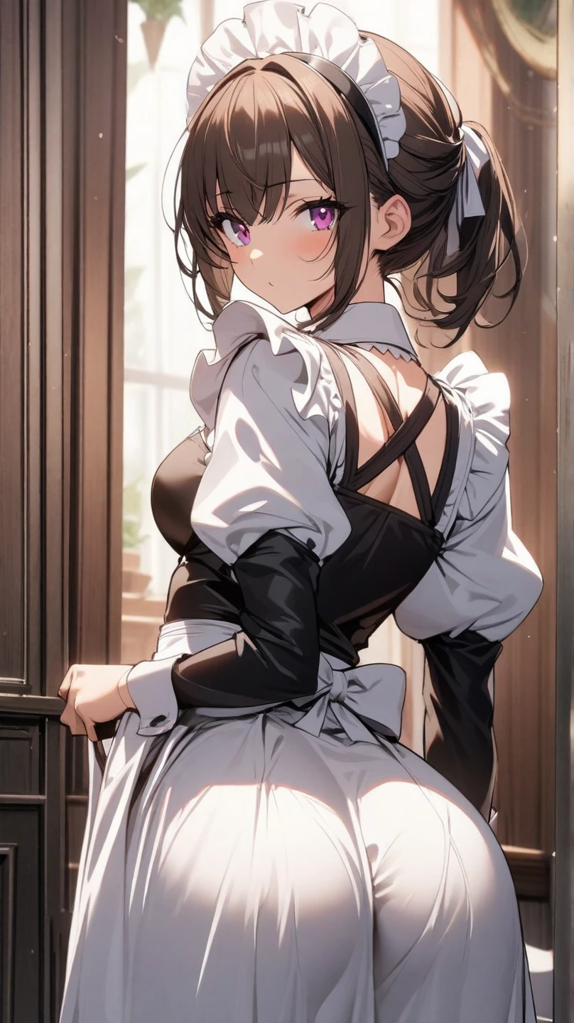 1girl, natural lighting, masterpiece, highly detailed, illustration, game CG, absurdres, high quality, aichan, large breasts, blue eyes, beautiful detailed eyes, short brown hair, side braid, (tape gag), (tape bound), (arms bound), (legs bound:1.2), eyes wide, shocked, surprised, angry, collarbone, standing, bedroom, strapless corset, view from behind