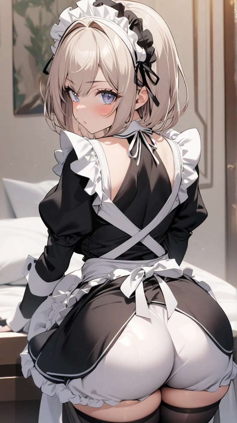 (masterpiece),(best quality),(ultra-detailed),(best illustration),(best shadow),(absurdres),(detailed background),(very aesthetic),1girl,solo,in dim bedroom,,shy,front view,embarrassed,looking at viewer,wide hip,Vibrator in thigh high socks,big breasts,black thigh high socks,,heavy breath,condom,dildo,gothic maid uniform,frill,,mini skirt,white brim,back shot,standing,leaning forward,pussy juice,