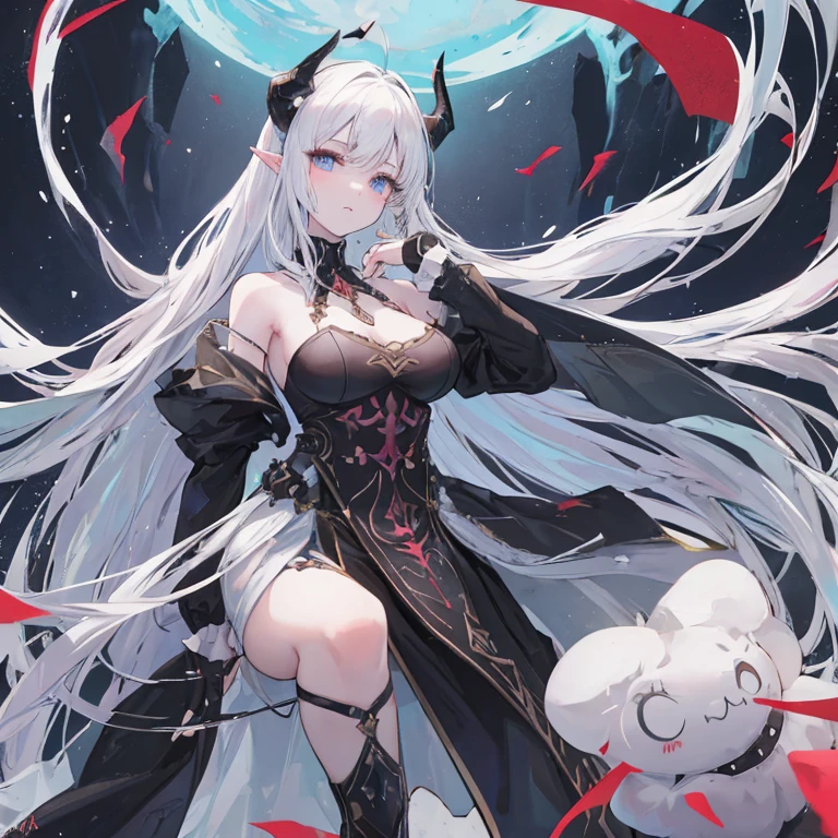 el demonio, alas, cola, sonrisa ligera, piel coloreada, Bata de noche, vestido blanco, black sclera, adentro, cama, on cama, Piel brillante, (piel blanca:1.6), (pelo blanco:1.2),