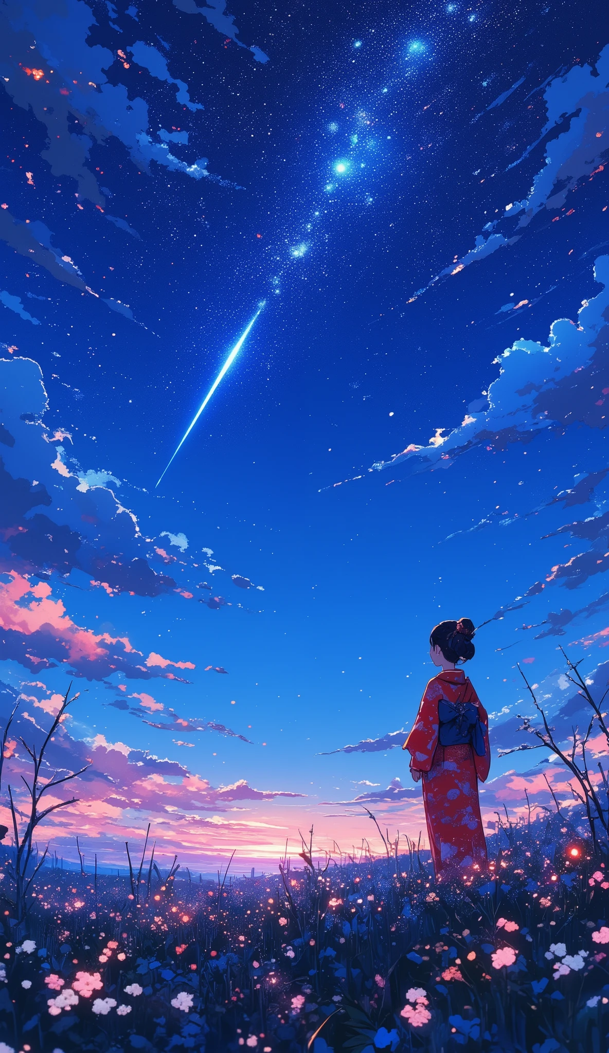 One, distant girl in kimono staring at the stars (reduced: 1.1), (meteor shower: 1.2), (comet: 1.1), your name, low angle, from behind, arrow labrealis shooting star, yukata, red kimono, cherry blossoms, highest quality standing in the field, masterpiece, clouds, colorful, starry sky, stars,