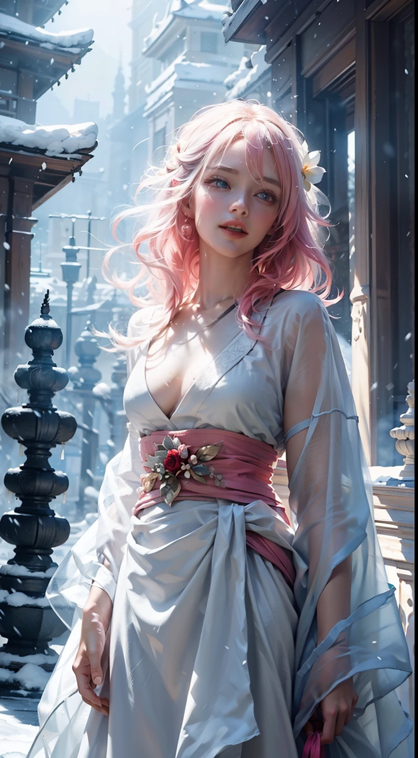 Masterpieces, best image quality, ultra high resolution, 8k resolution, first-person view, perfect face , glowing skin that makes my body a little wet, delicate facial features, For one person,woman, laughs, Long white hair , pink hair, side bangs ,Wave Head, bracelet, color,during,Hanfu,Snow Flower, winters ,temple,new year,Opal Rendering, cinematic lighting,Winter Snow Law