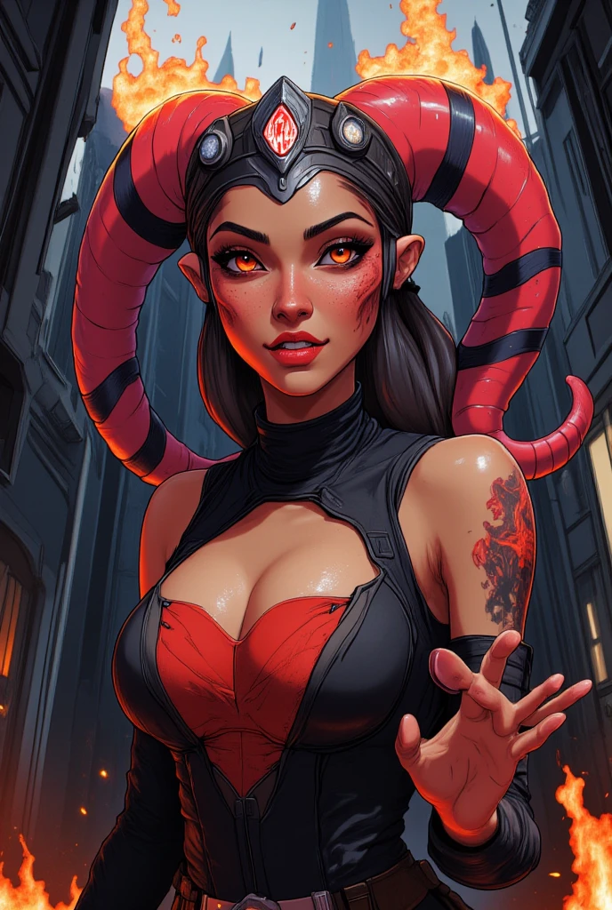 Red Skin Twi'lek with gigantic tits wearing black spandex, (((gigantic breasts))), huge breasts, slim hips, slim waist, small hips, balsamique