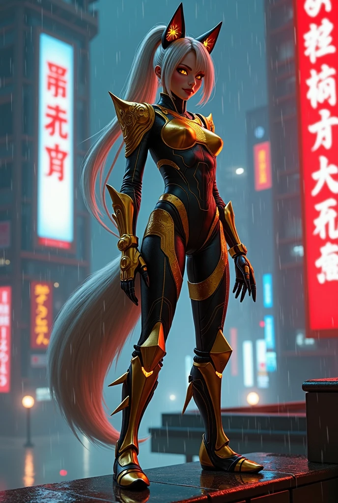 A stunning full-body anime-style cyberpunk samurai assassin woman, KITSUNE-09, standing seductively on a neon-lit rooftop in futuristic Neo-Kyoto.  
She wears an **intricately designed black and vibrant gold cybernetic armor**, with engraved fox patterns and glowing circuitry.  
Her **form-fitting bodysuit is reinforced with golden metallic plating**, accentuating her curvaceous and athletic body.  
Her **sharp golden fox mask, semi-transparent and futuristic**, reveals her playful smirk and **piercing amber eyes** beneath.  

Her **long platinum hair flows wildly in the wind**, styled in a high ponytail with strands framing her alluring face.  
Her **plasma kunais flicker with bright orange energy**, and her **high-tech clawed gloves** gleam under the neon lights, ready for swift assassinations.  
Her **cybernetic fox tail, metallic and segmented, moves like a real tail**, lined with glowing yellow circuitry and micro-thrusters for enhanced agility.  

The **armor features golden shoulder guards** shaped like fox ears, **sleek golden gauntlets with sharp claw-like extensions**, and **thigh-high armored boots** with reinforced knee guards.  
A **gold-engraved fox emblem glows on her chestplate**, adding to her mystique.  

She stands poised on the edge of a rain-soaked rooftop, illuminated by **holographic red lanterns, neon kanji billboards, and mist swirling in the air**.  
Her **armor reflects the bright cyberpunk cityscape**, making her presence both elegant and deadly.  
Raindrops trickle down her sleek metallic plating as she gazes down at her next prey, a blend of seduction and lethal precision.  
Ultra-detailed anime cyberpunk aesthetic, cinematic lighting, inspired by Ghost in the Shell, Cyberpunk Edgerunners, Ikkitousen, and Super Sentai.  
