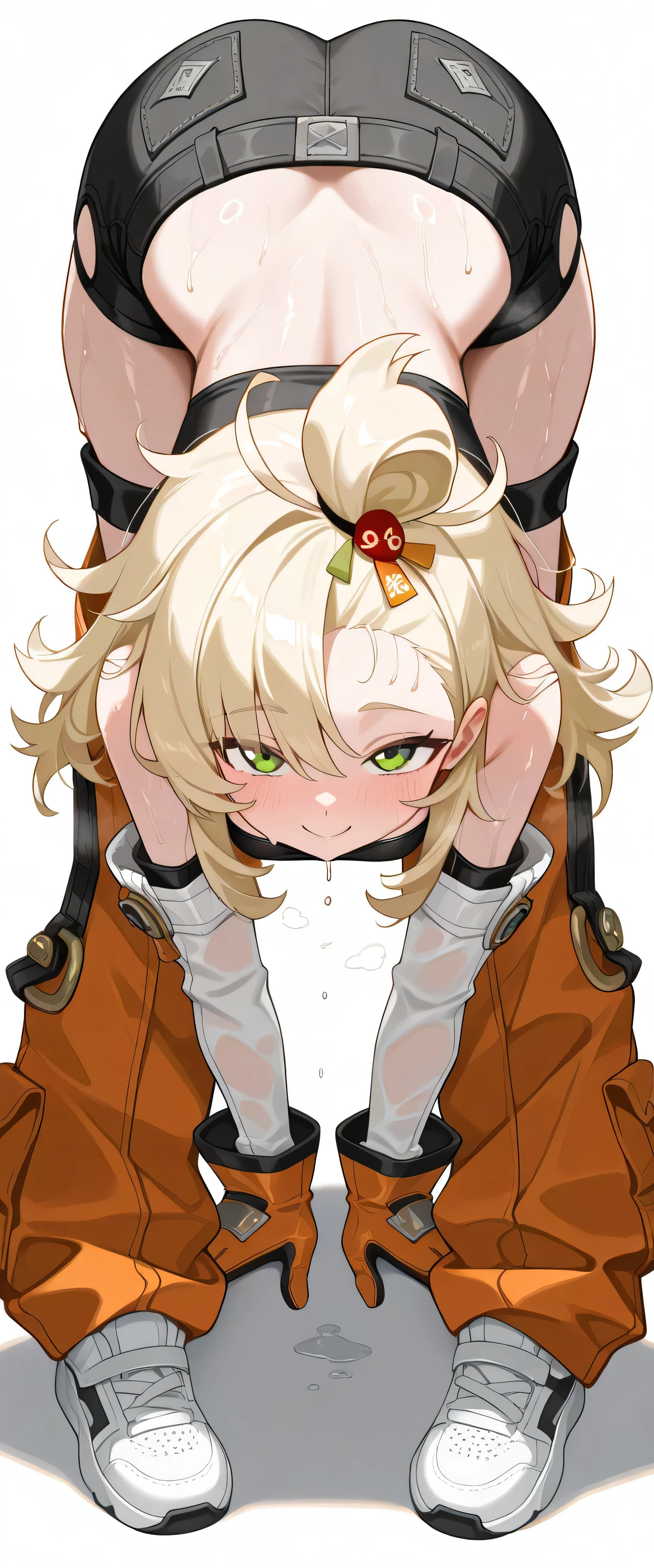 1girl, solo, long hair, messy hair, blonde hair, green eyes, looking at viewer, hot, steaming, steaming body, sweat, sweating, sweaty, sweaty body, wet, wet body, dripping, dripping sweat, blushing, happy, closed mouth, smile, topknot, hair ornament, white detached sleeves, orange gloves, black tube top, Goggles Around Neck, (((black shorts with pockets))), orange chaps with straps, Detached Leggings, strap, sneakers, (((white background))), standing, (((bent over))), dynamic pose, (((hands on floor))) , medium breasts, skinny waist, slim waist, (((round butt))), wide hips, masterpiece, best quality, amazing quality, very aesthetic, absurdres, highres, newest, (((view from behind)))