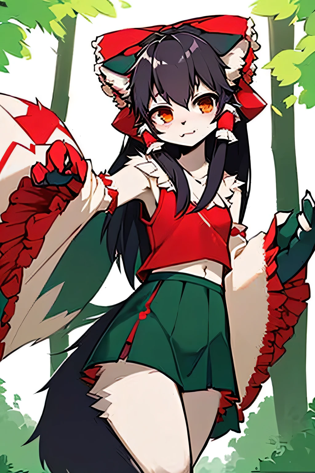 Masterpiece, gray wolf, 1 girl, ((hakurei reimu \clothes\)), serious, stop, smooth hair, ((gray wolf tail)), ((((gray wolf ears)))), black hair, long hair, ((red bow behind the head))